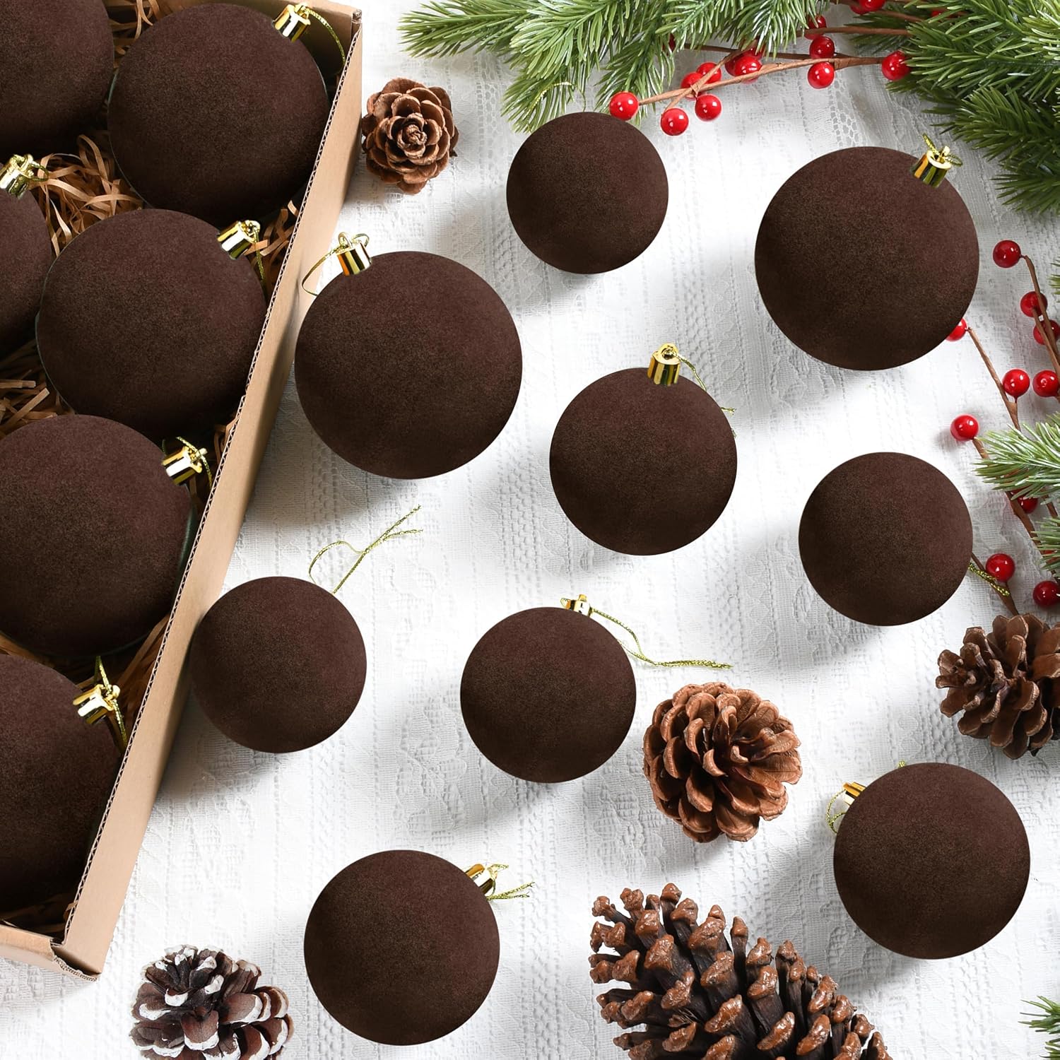 24 Pcs Velvet Christmas Ball Ornaments, 3 Sizes Flocked Plastic Balls Xmas Hanging Decorations Multicolor Christmas Tree Balls for Xmas Tree Home Party Supplies (Brown) 24 Pcs Velvet Christmas Ball Ornaments, 3 Sizes Flocked Plastic Balls Xmas Hanging Decorations Multicolor Christmas Tree Balls for Xmas Tree Home Party Supplies (Brown)