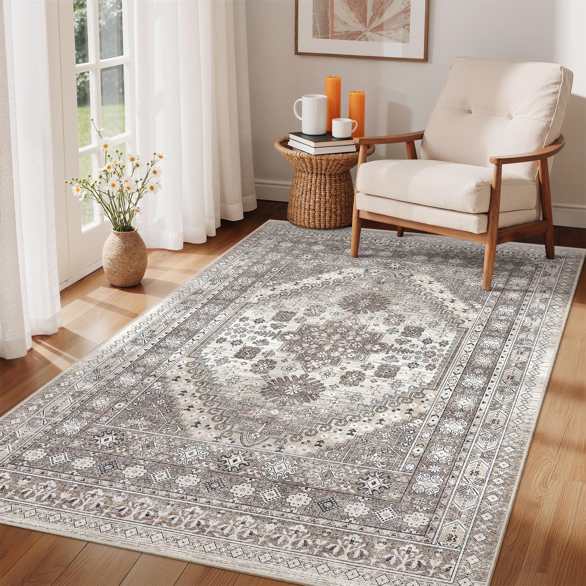 zesthome 4x6 Rug - Stain Resistant Washable Rug, Anti Slip Backing Rugs for Living Room, Foldable Vintage Small Area Rugs (Brown/Beige,4'x6')