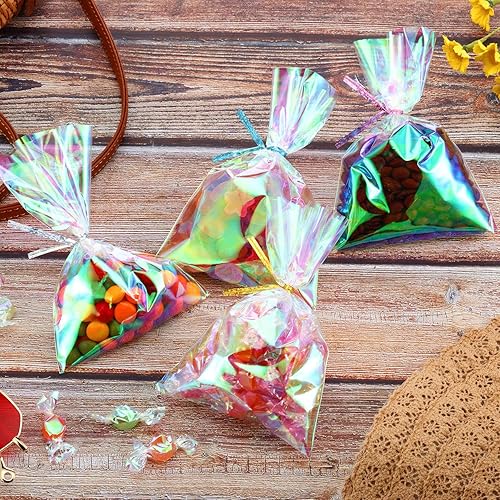 Vista 12 de Shappy 120 bolsas de celofán iridiscente, bolsas holográficas iridiscentes de fiesta con 200 lazos giratorios para fiestas, bodas, cumpleaños