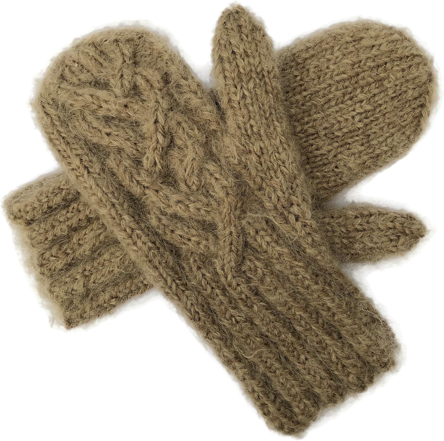 Camel Brown Mittens Hand Knit Wool and Mohair with Celtic Twist Cable