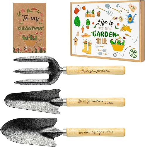 Juego de 3 herramientas de jardinería para abuela, juego de herramientas de jardín de acero inoxidable con mango de madera, herramientas de mano de