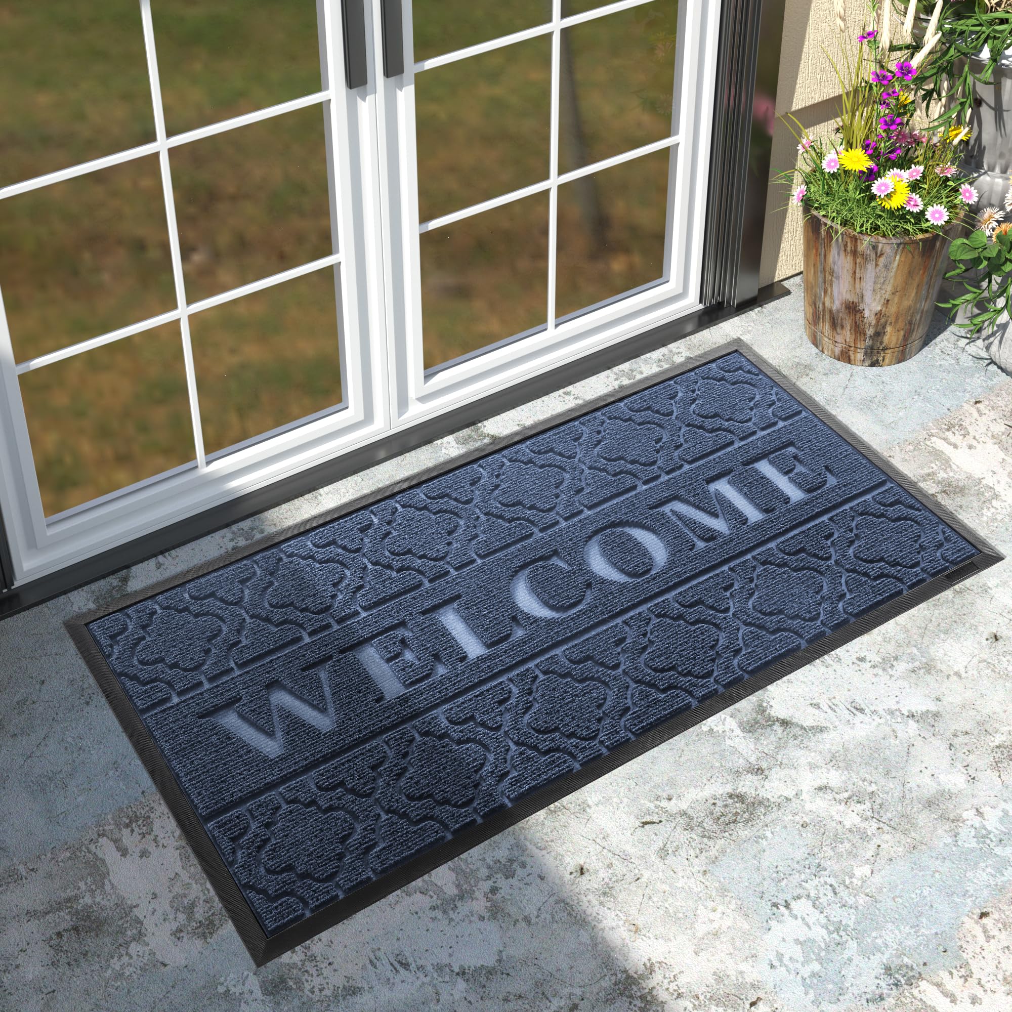 yimobra welcome door mat, heavy duty sturdy front door mat for home entrance, garage and garden outside entryway floor mat, non slip, fade resistant, easy clean, 47 x 24 inch, blue