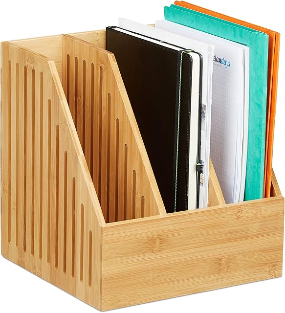 Relaxdays Bambusowy segregator stojący, 3 przegródki, DIN A4, biuro i biurko, pojemnik na czasopisma, wys. x szer. x gł.: 30 x 28 x 26,5 cm, kolor naturalny, 1 sztuka