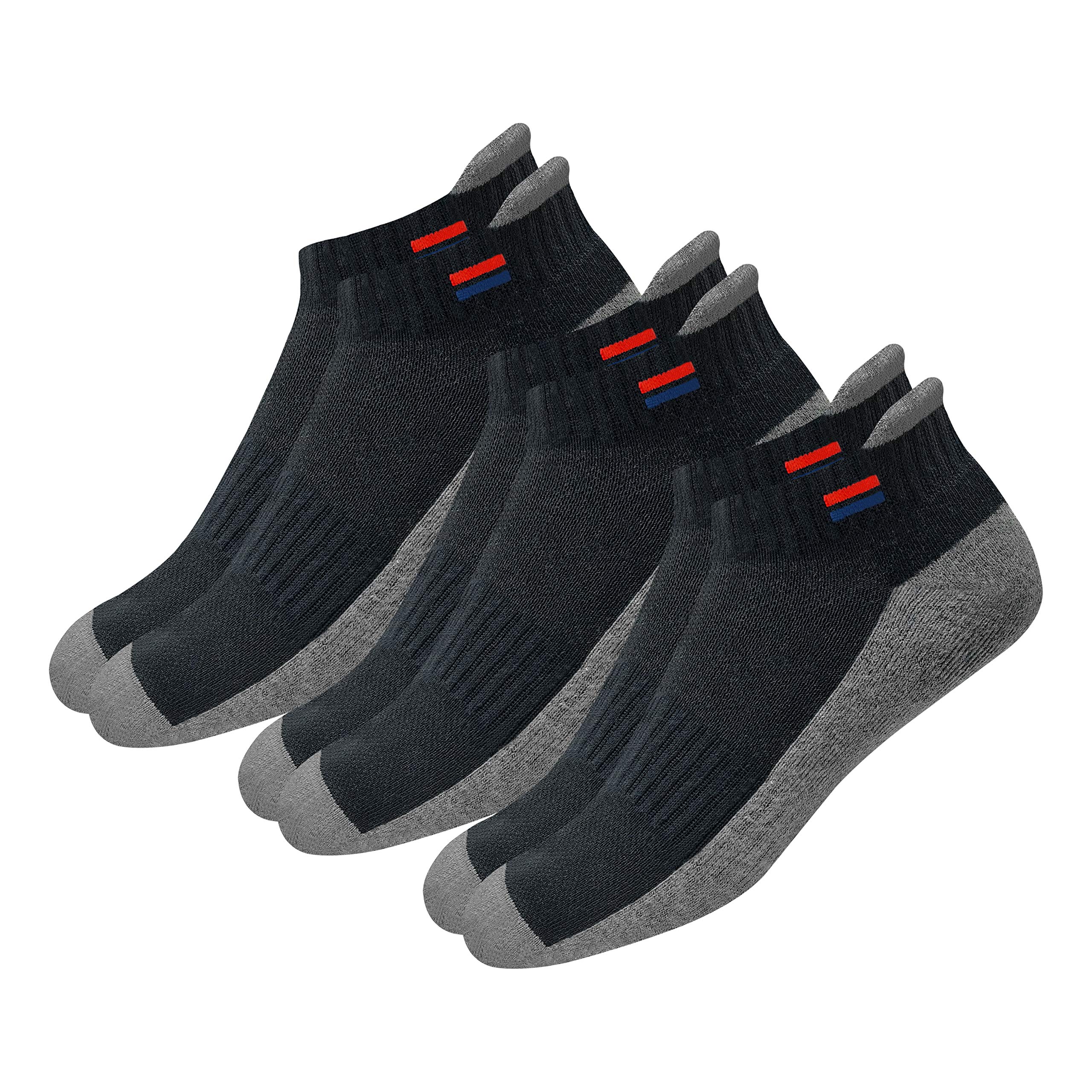 NAVYSPORT Men's Low Cut Athletic Cotton Cushion Ankle Socks with Sports Tab, Pack of 3 (Free Size) Black/Grey