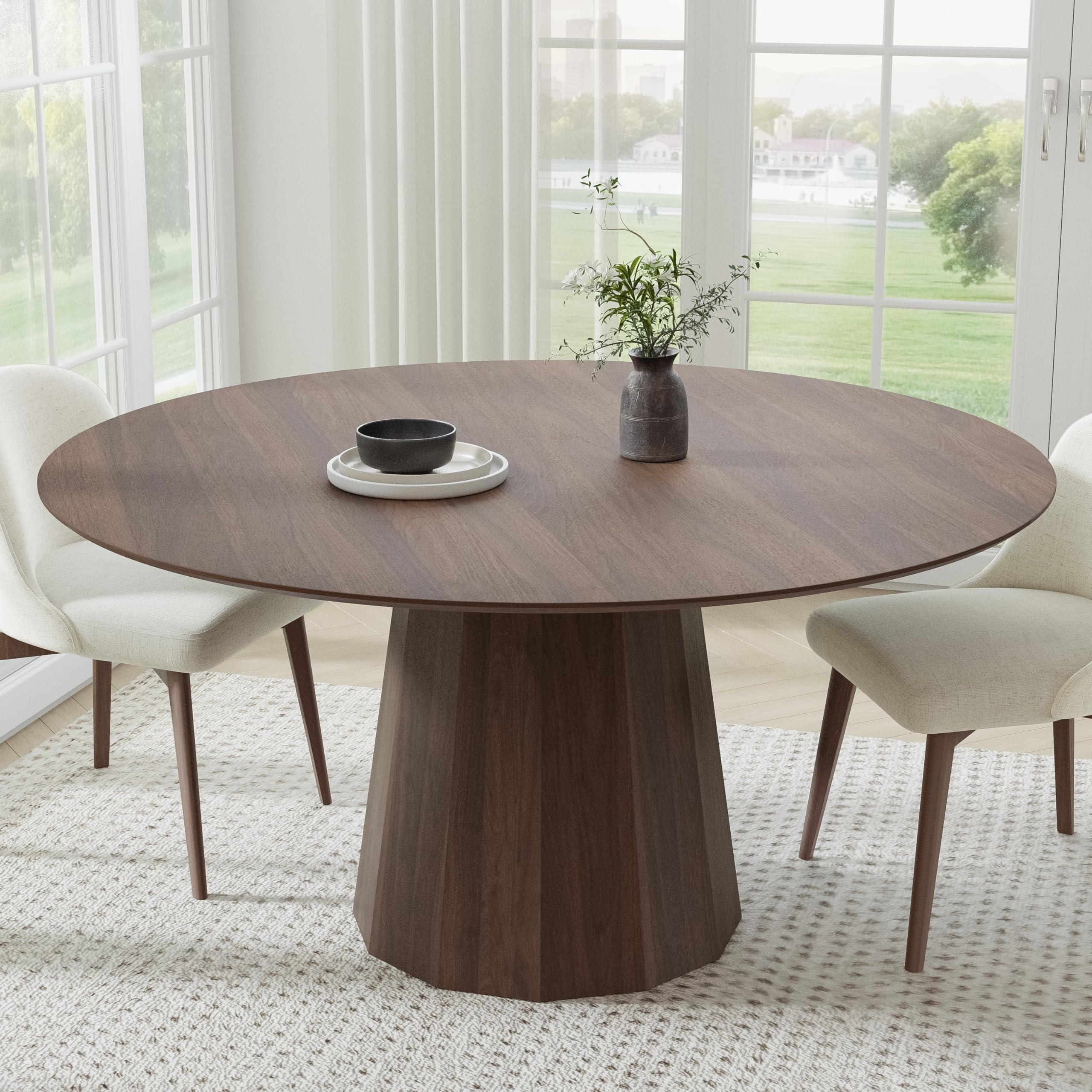 Photo 1 of (JUST TABLE) Casaphoria 60" Round Dining Table, Modern Wood Kitchen Table with Cone Shaped Strip Polygonal Base for Living Room & Dining Room, Easy Assembly Farmhouse Furniture for 4-6, Walnut (JUST TABLE)