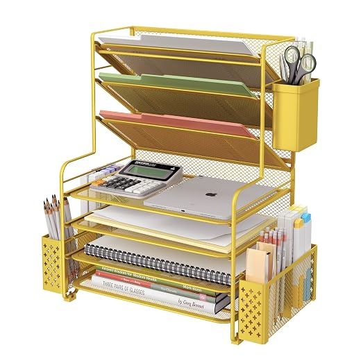 Simple Trending 7 Tier Desk File Organizer, Letter Tray Paper Organizer with Pen Holder and Metal Hanging Basket, Gold