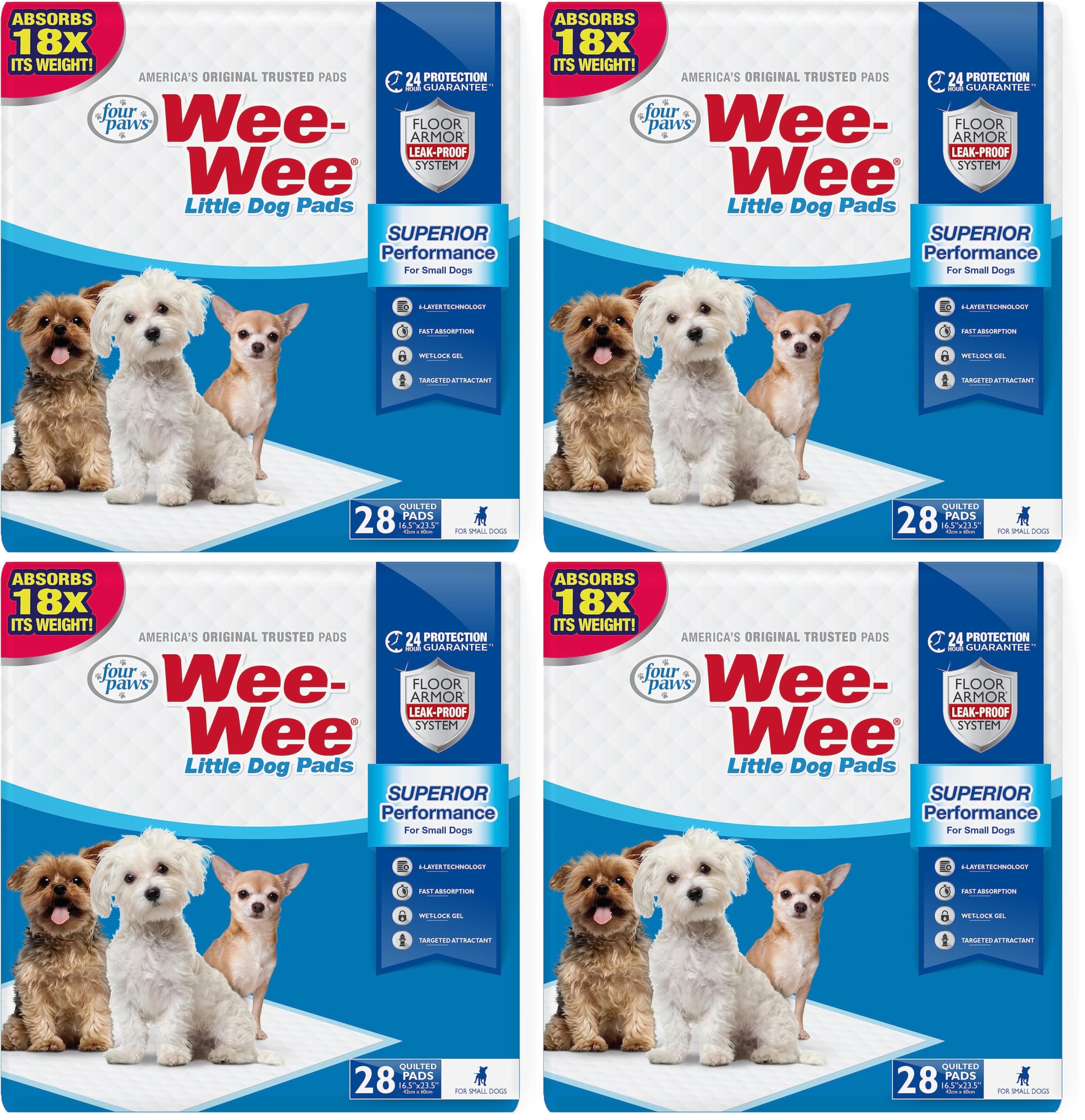 Four Paws Wee-Wee - Cuscinetti per pipì per Cani e Cuccioli, con Tecnologia a Prova di perdite a 6 Strati, per addestramento in casa, Grandi, 42 cm x 60 cm, 28 Pezzi (Confezione da 4)