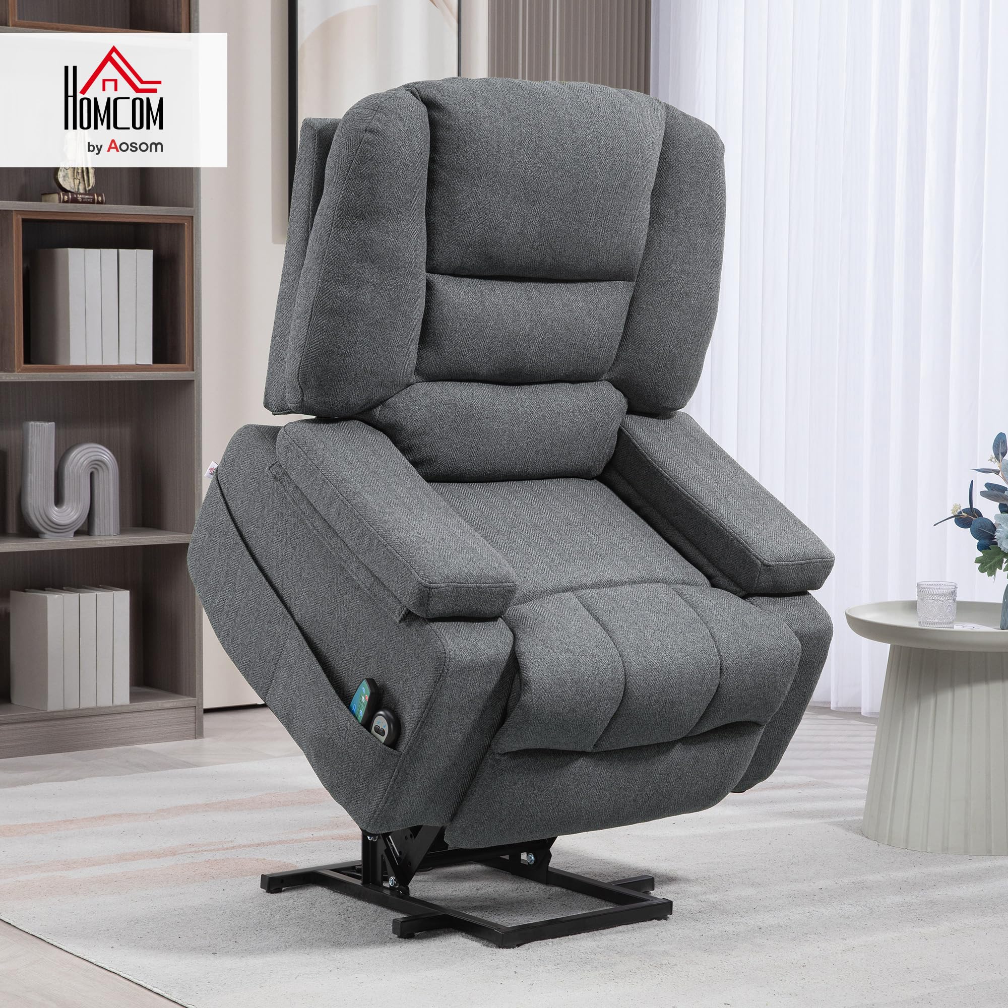 HOMCOM Poltrona Elettrica Alzapersona Reclinabile con 8 Punti Massaggio, Poltrona Relax Elettrica con Braccioli Ripiegabili, Poggiapiedi Riscaldato, Tessuto Effetto Lino, Grigio