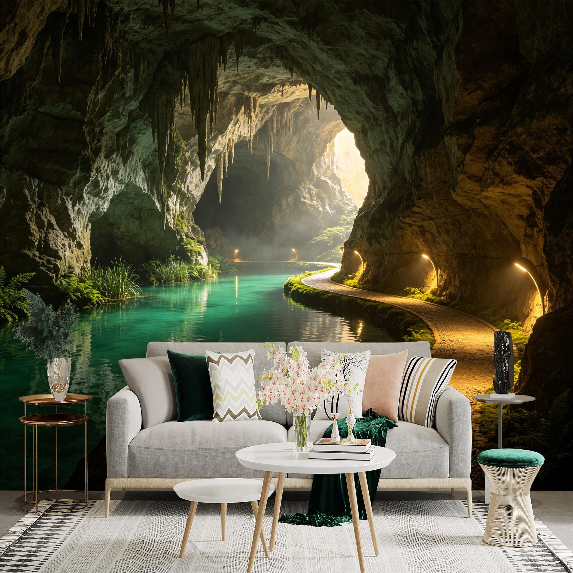 Custom Size Wall Sticker Mural， Mysterious Limestone Cave， Underground River with Glowing Pathway， Natural Grotto Landscape， for wall Decoration， peelandstick wall Decals.