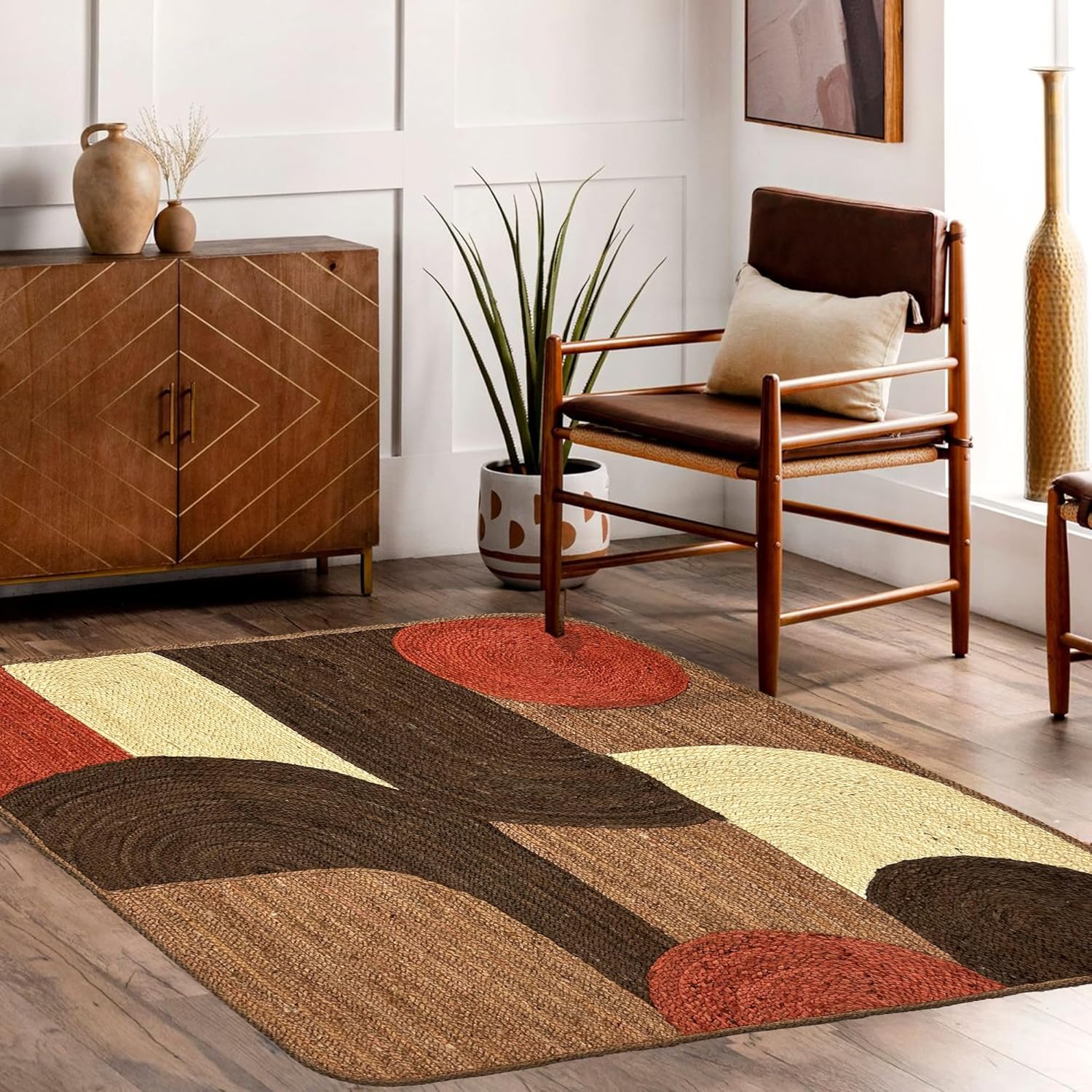 Rectangular Area Rug - 12x15 Feet Hand Braided Jute Rug Thick 0.27" Red & Brown Geometric Pattern Rugs for Bedroom, Kids Room, Home/Office Decor, Decorative Floor Carpet