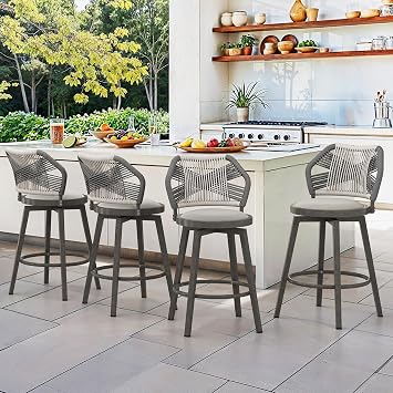 360 Swivel Outdoor Bar Stools Set of 4, Boho Aluminum Wicker Bar Stool with Olefin Rope Curved Backrest and Circular Cushion, Bar Stools for Patio, Garden, Kitchen, Grey