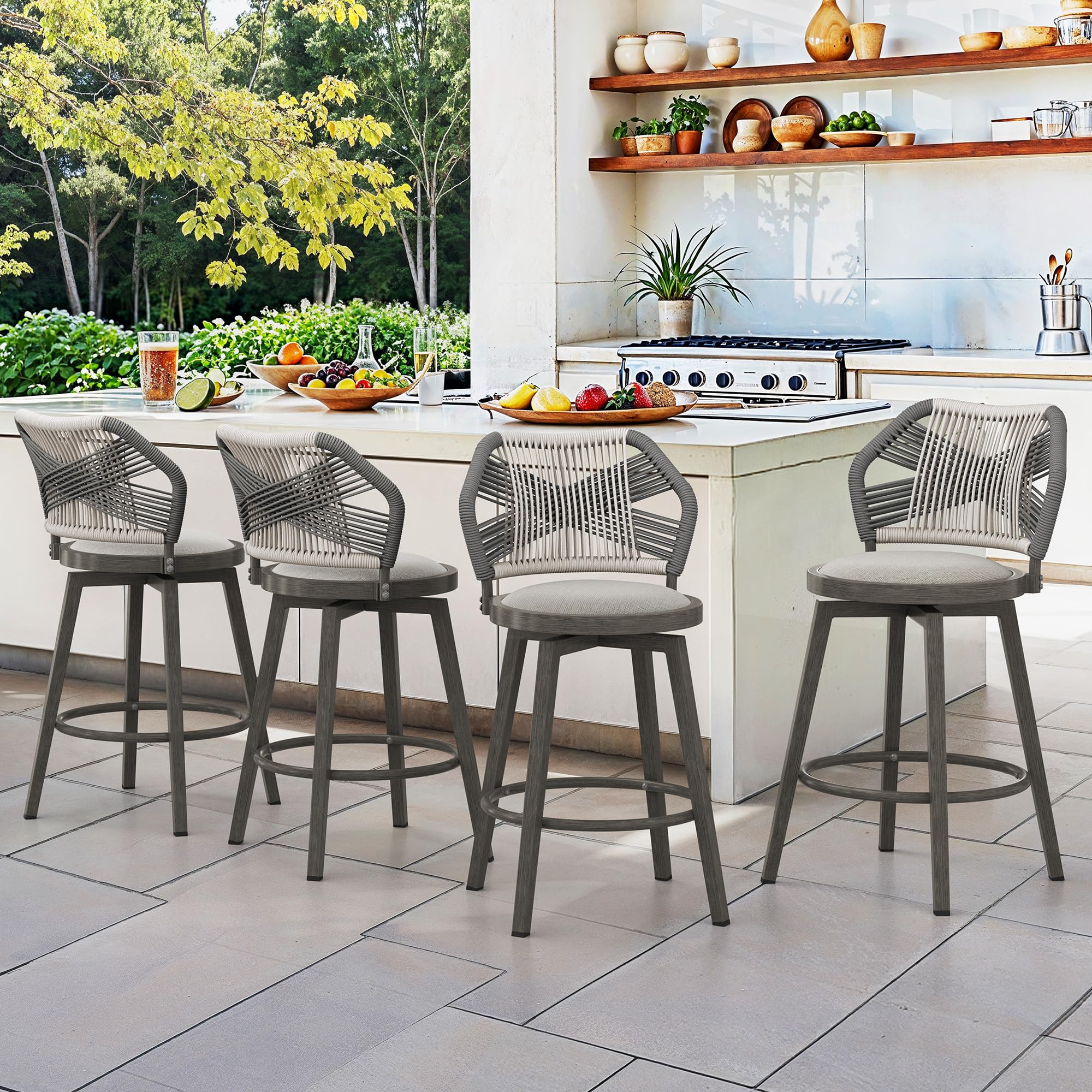 Cozyman 360° Swivel Outdoor Bar Stools Set of 4, Modern Aluminum Wicker Patio Chair with Olefin Rope Curved Backrest and Circular Cushion, Bar Stools for Patio, Garden, Kitchen, Mocha Grey