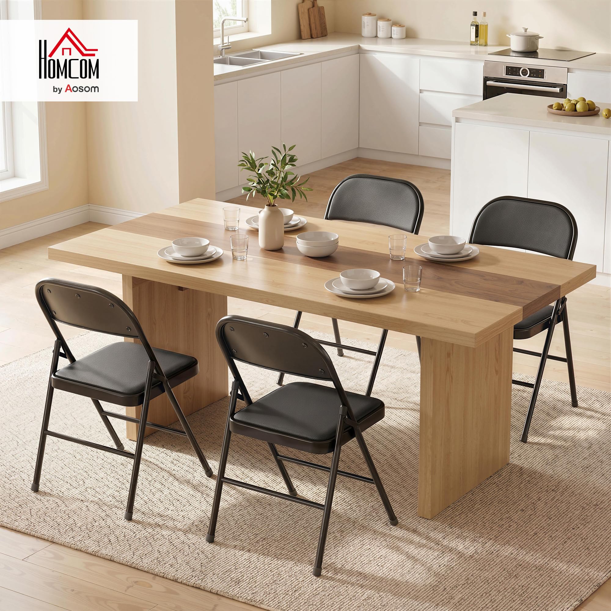 HOMCOM Lot de 4 chaises Pliantes chaises de Salle à Manger Portables Chaise Pliable d'intérieur avec Coussin en revêtement synthétique et Cadre en Acier dim. 45l x 46P x 78H cm Noir