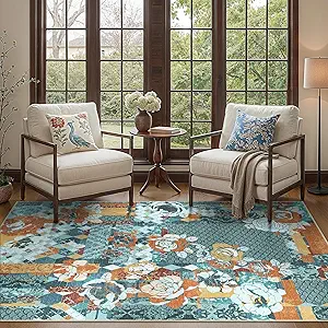 GENIMO 5X7 Floral Area Rugs for Living Room, Machine Washable Non Slip Vintage Patchwork Washable Rug, Ultra-Thin Low Pile Chenille Rugs for Bedroom, Dining Room, Navy Blue
