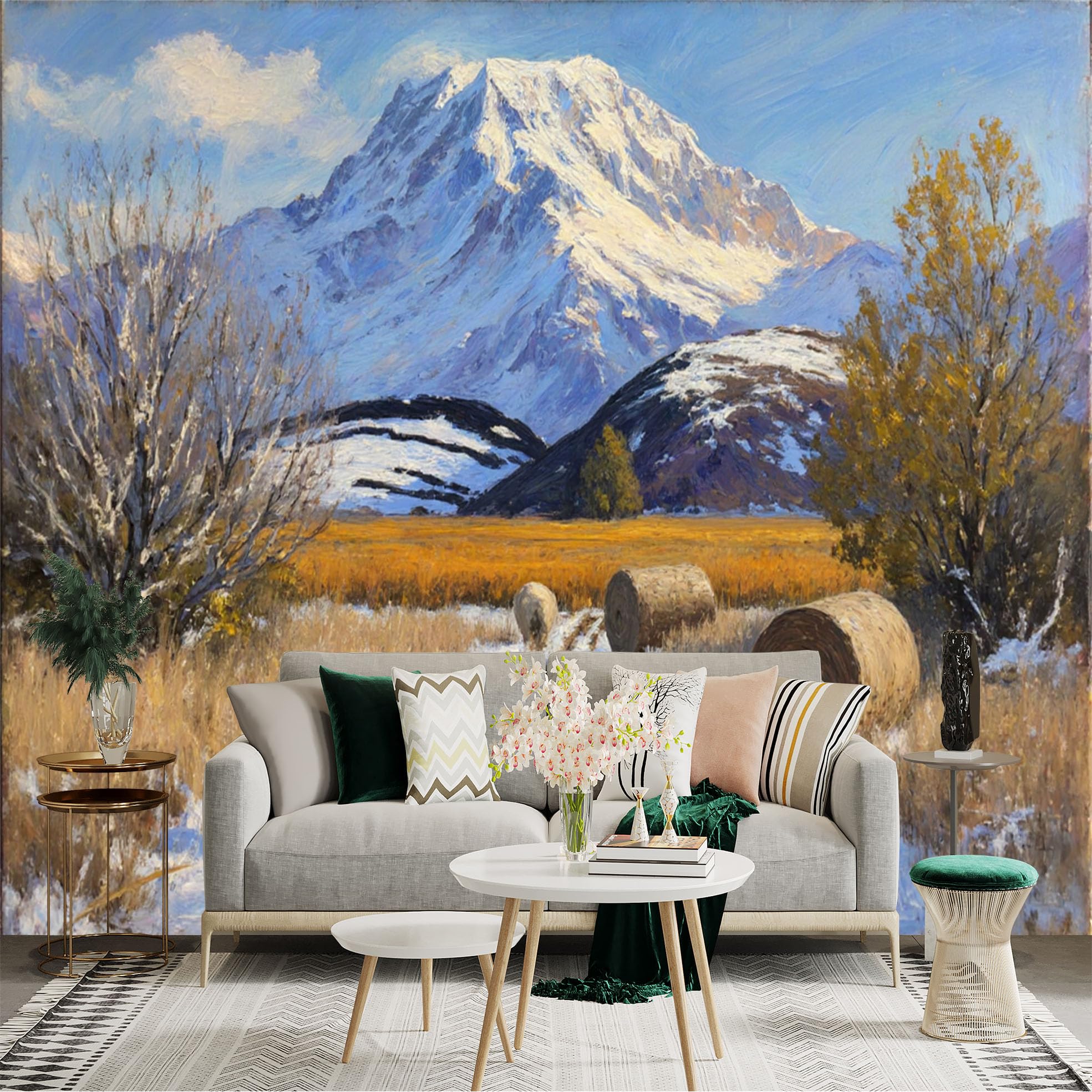 Custom Size Wall Sticker Mural， Snowy Mountain Peak， Hay Bales in Meadow， Rustic Winter Landscape， Oil Painting Style， for wall Decoration， peelandstick wall Decals.