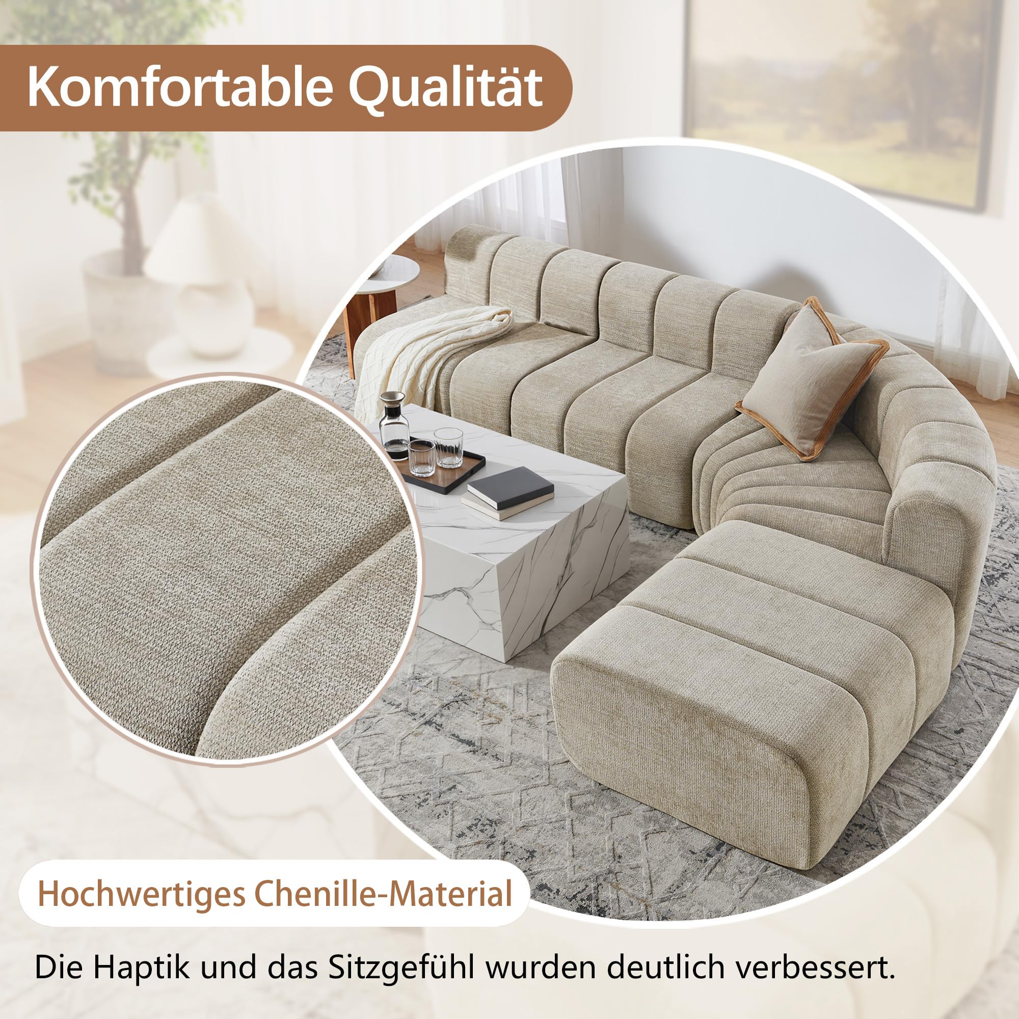 Sofá esquinero de compresión de 4 plazas con módulos combinables. Los módulos sin respaldo se pueden utilizar como mesa de almacenamiento temporal, reposapiés o asiento individual, color beige