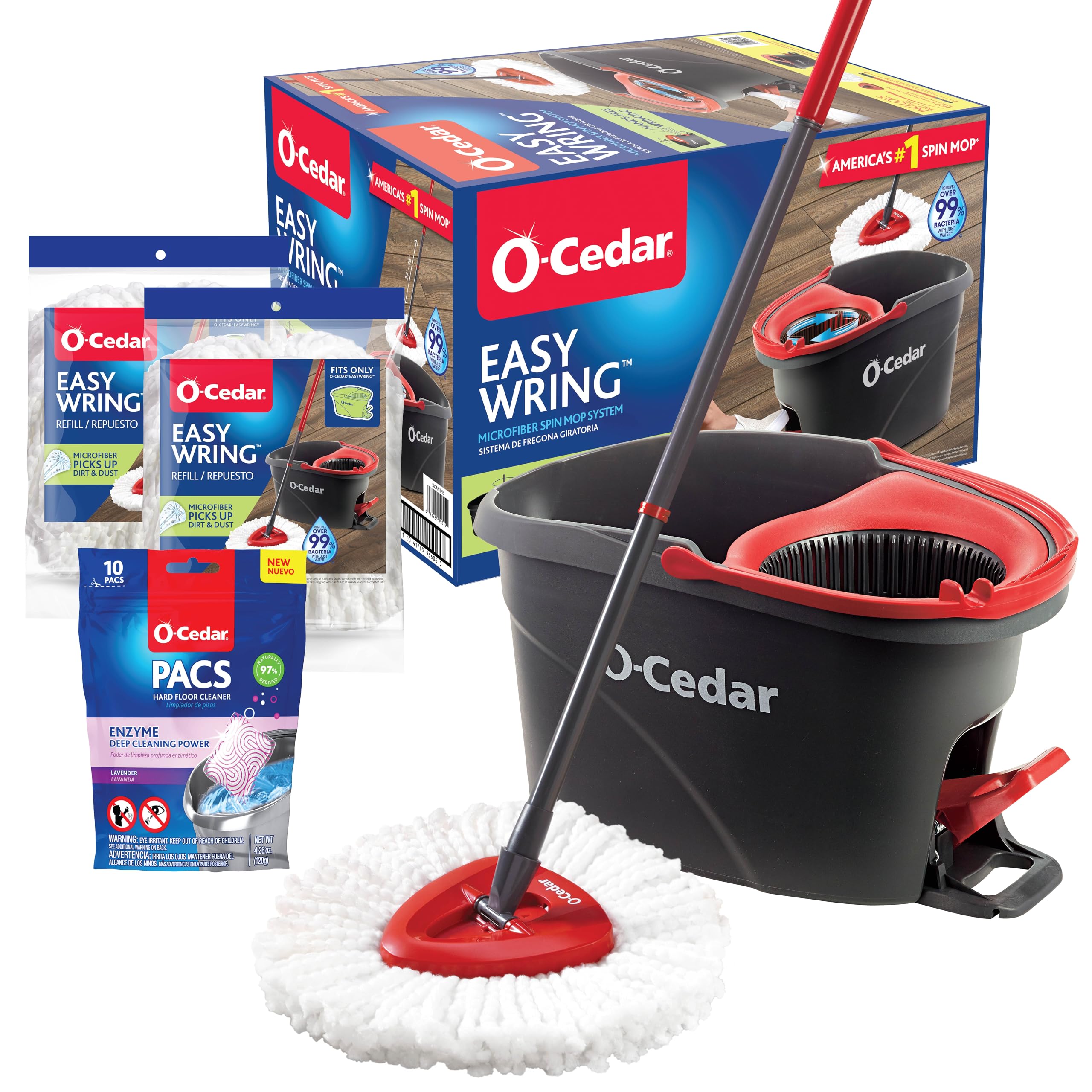 O-Cedar EasyWring Microfiber Spin Mop &amp; Bucket Floor Cleaning System + 2 Extra Mop Head Replacements with Lavender Pac (Variety Pack)