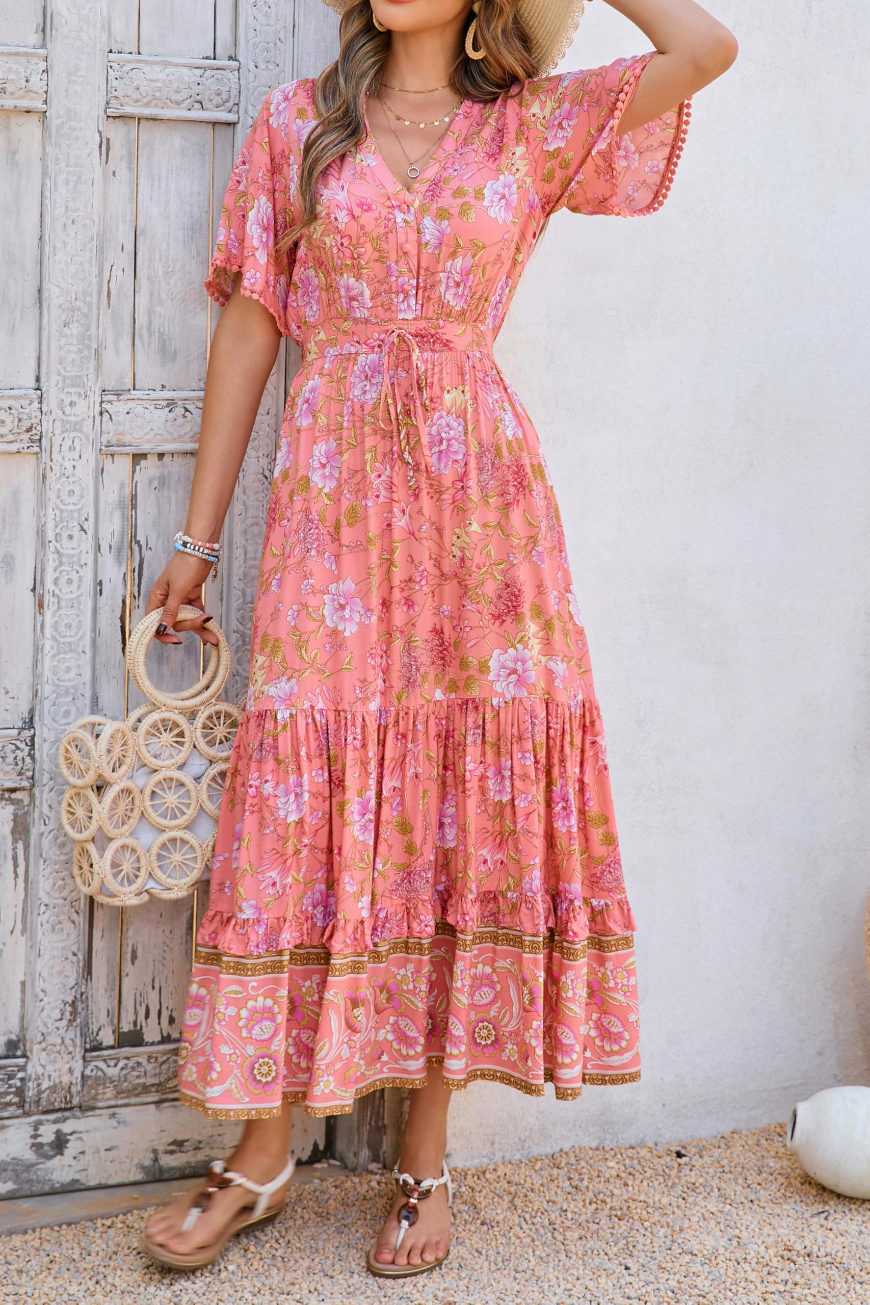 R.Vivimos Abito Boho Estivo Donna Abito Sexy Scollo a V Bottoni Manica Corta Vestito Elegante con Volant Orlo Abito Lungo Maxi da Spiaggia Casual per Le Vacanze(XL,Rosa Corallo)