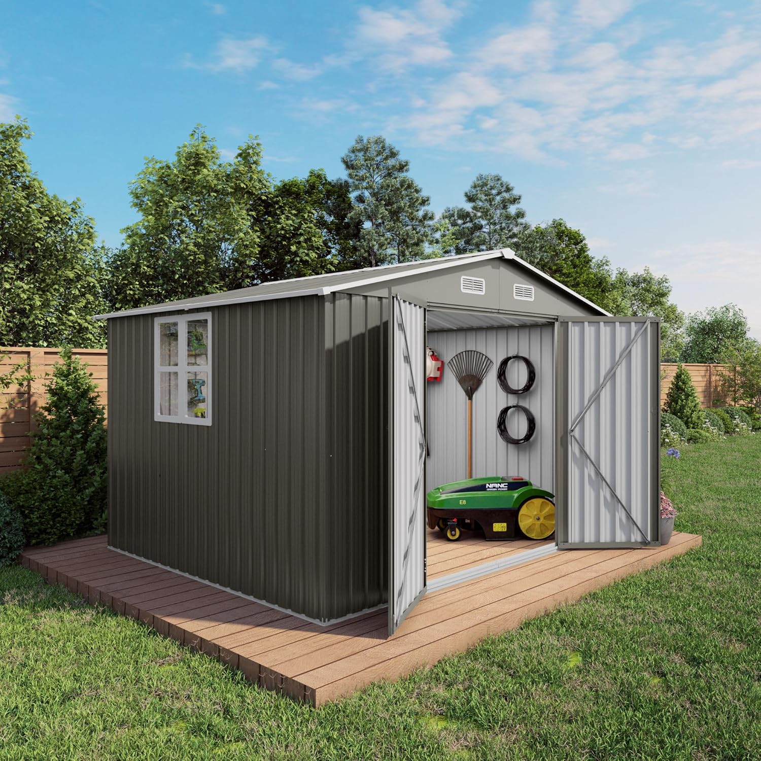Outdoor Metal Storage Shed (10x8 FT) with Lockable Doors, Galvanized Steel Garden Tool Shed, 370 Cu Ft Capacity, Gray