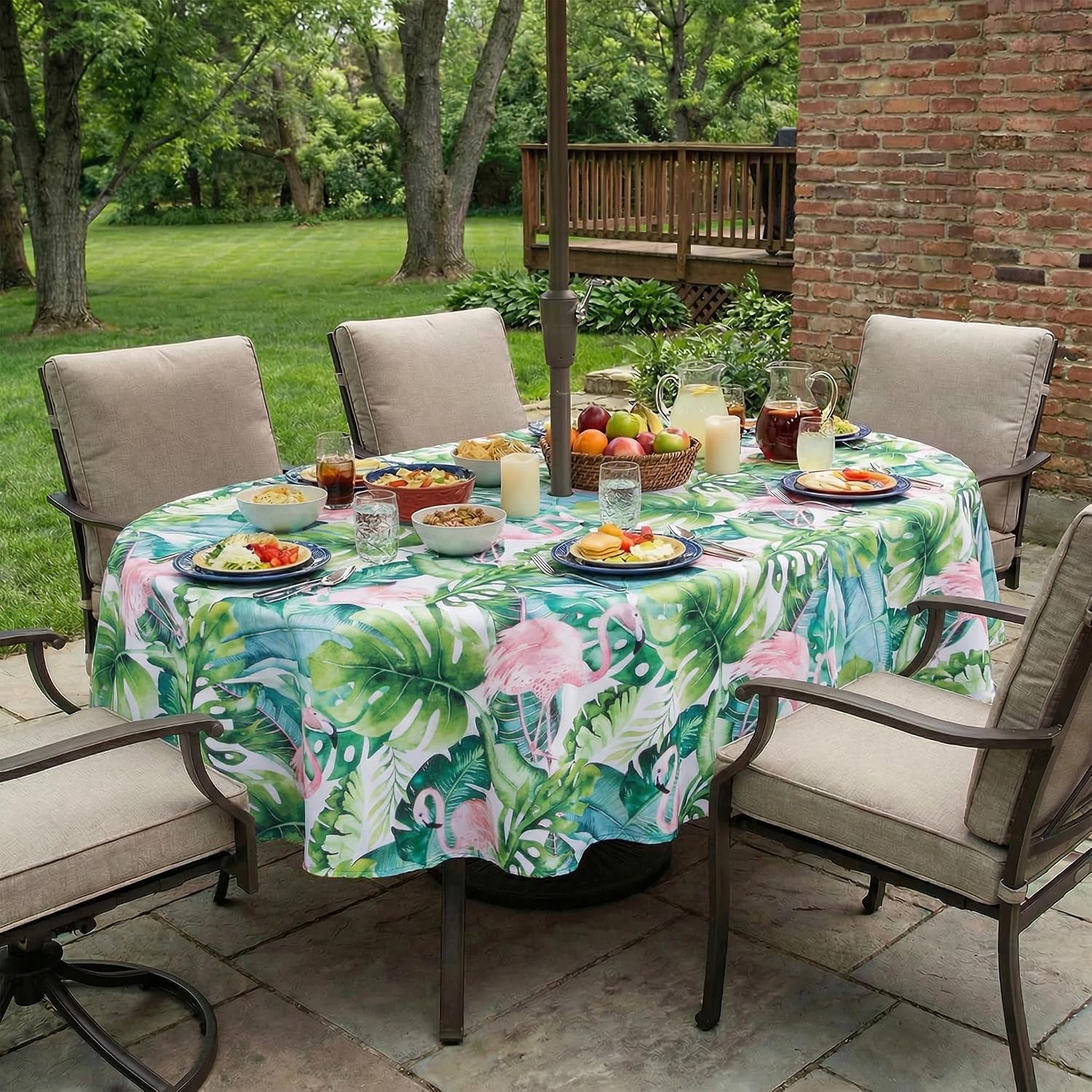 EHouseHome Outdoor Indoor Tablecloth with Umbrella Hole for Oval Table,Waterproof Patio Table Cloths, Spring/Summer Table Covers with Zipper for Backyard Circular Table/BBQs/Picnic,60 x 84 inches