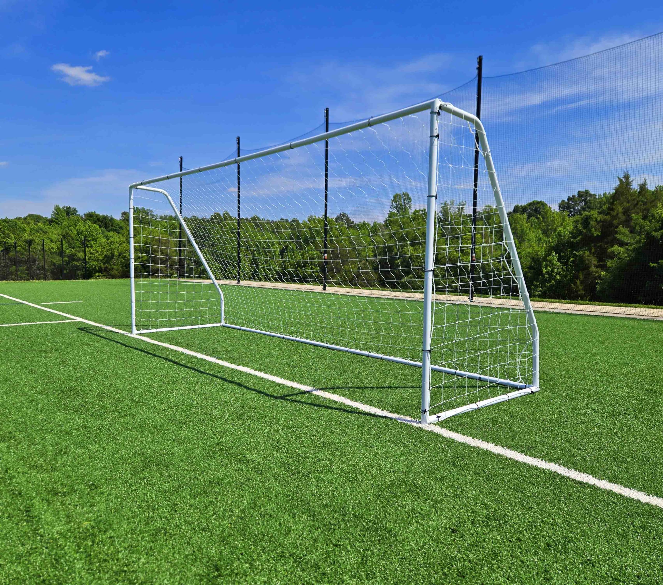 Photo 1 of Vallerta Premier 18 X 7 Ft. Official Regulation Soccer Goal. 2" Diameter Powder Coated Steel Frame w/Durable 4mm Net, Ground Stakes, Elastic Clasps & Re-Usable Ties.
