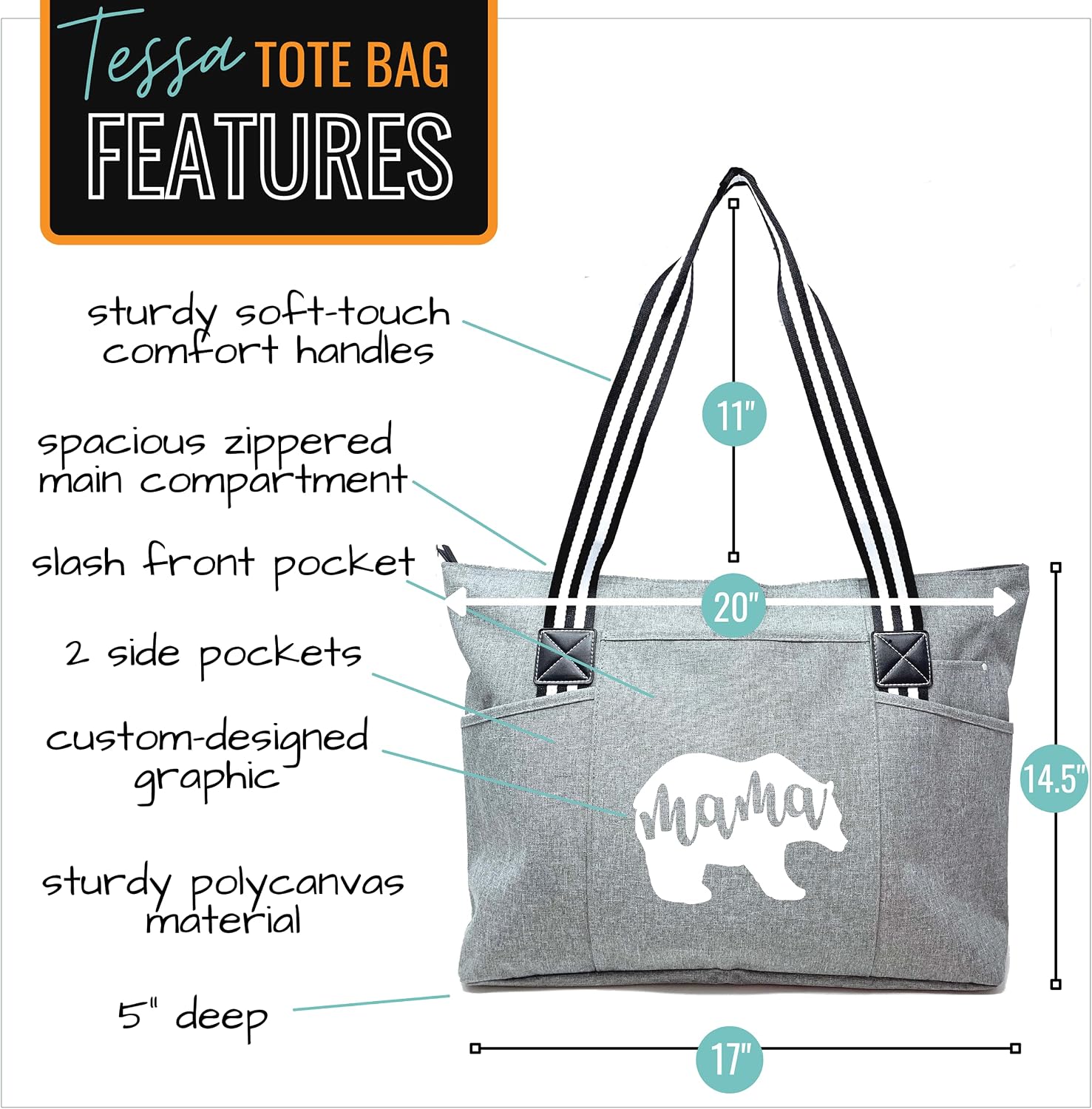 Brooke & Jess Designs Mom Bags for Everyday - Bags for Women with Zipper, Large Stylish Travel Bag, Work Bag image 3