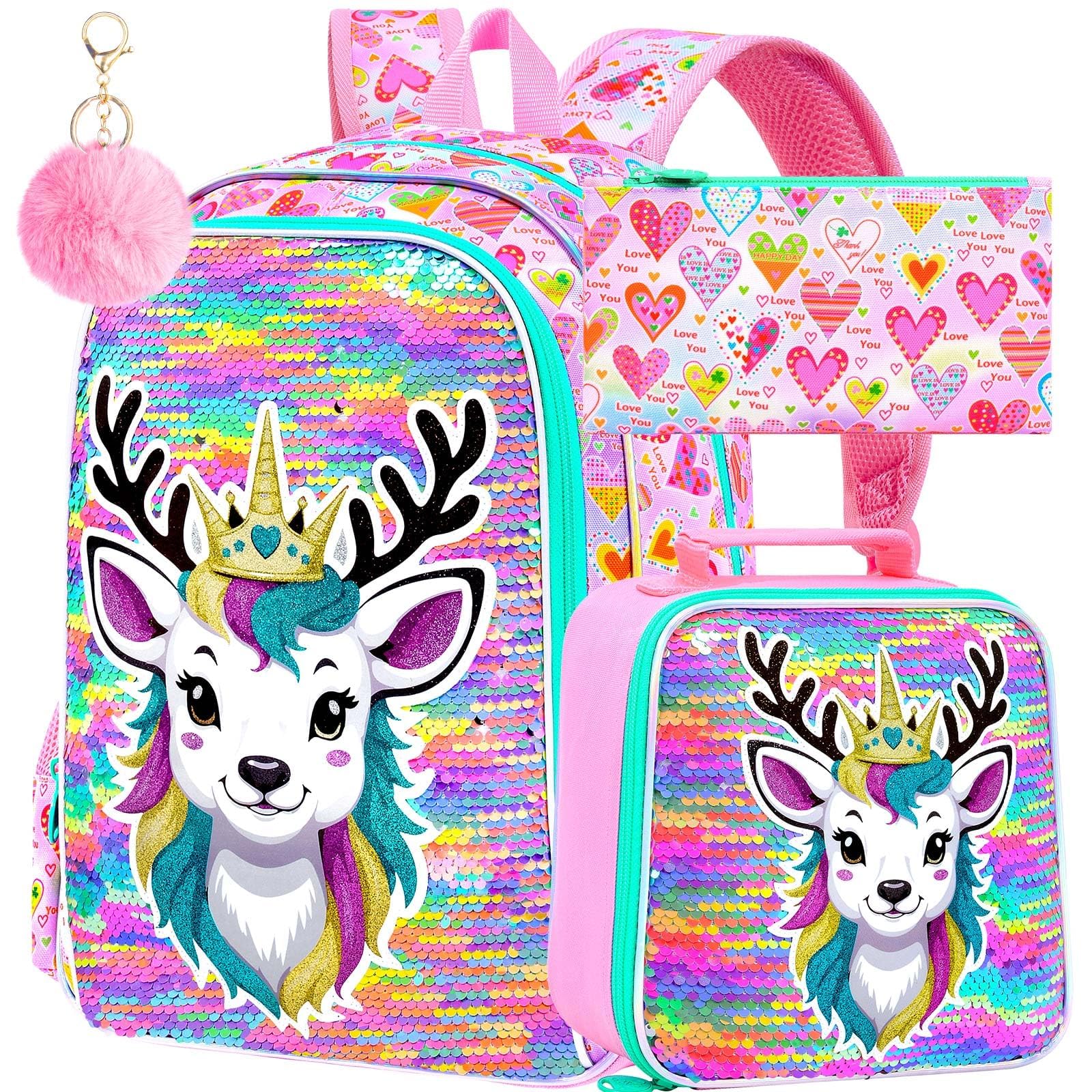 CCJPX 16" Sika deer Backpack for Girls, 3Pcs Kids Sequin Bookbag with Lunch Box, Water Resistant Elementary School Bag for Kindergarten Preschool Toddler (Pink)