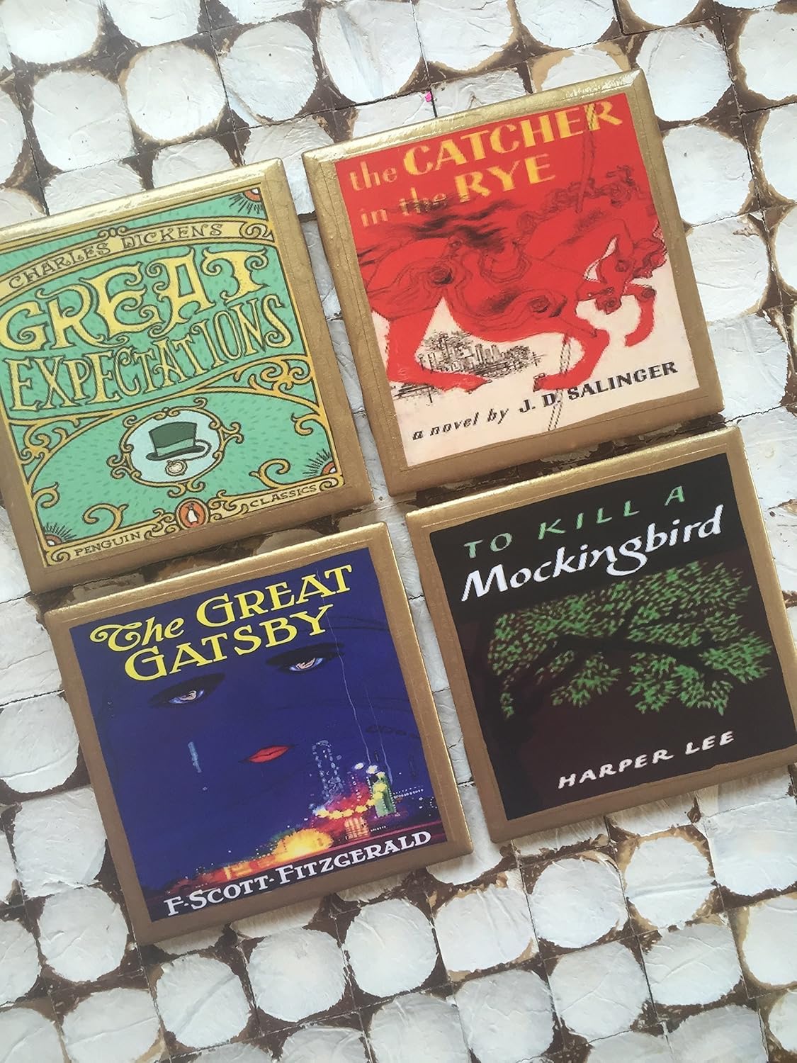 Coasters! The Classics Set of Coasters with Gold Trim! The Catcher in The Rye, Great Expectations, to Kill a Mockingbird and The Great Gatsby