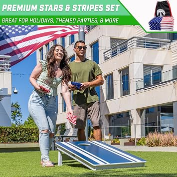 GoSports Official Regulation Cornhole Bean Bags Set of 8 for Competitive Cornhole Games - All Weather - American Stars and Stripes or Red and Blue