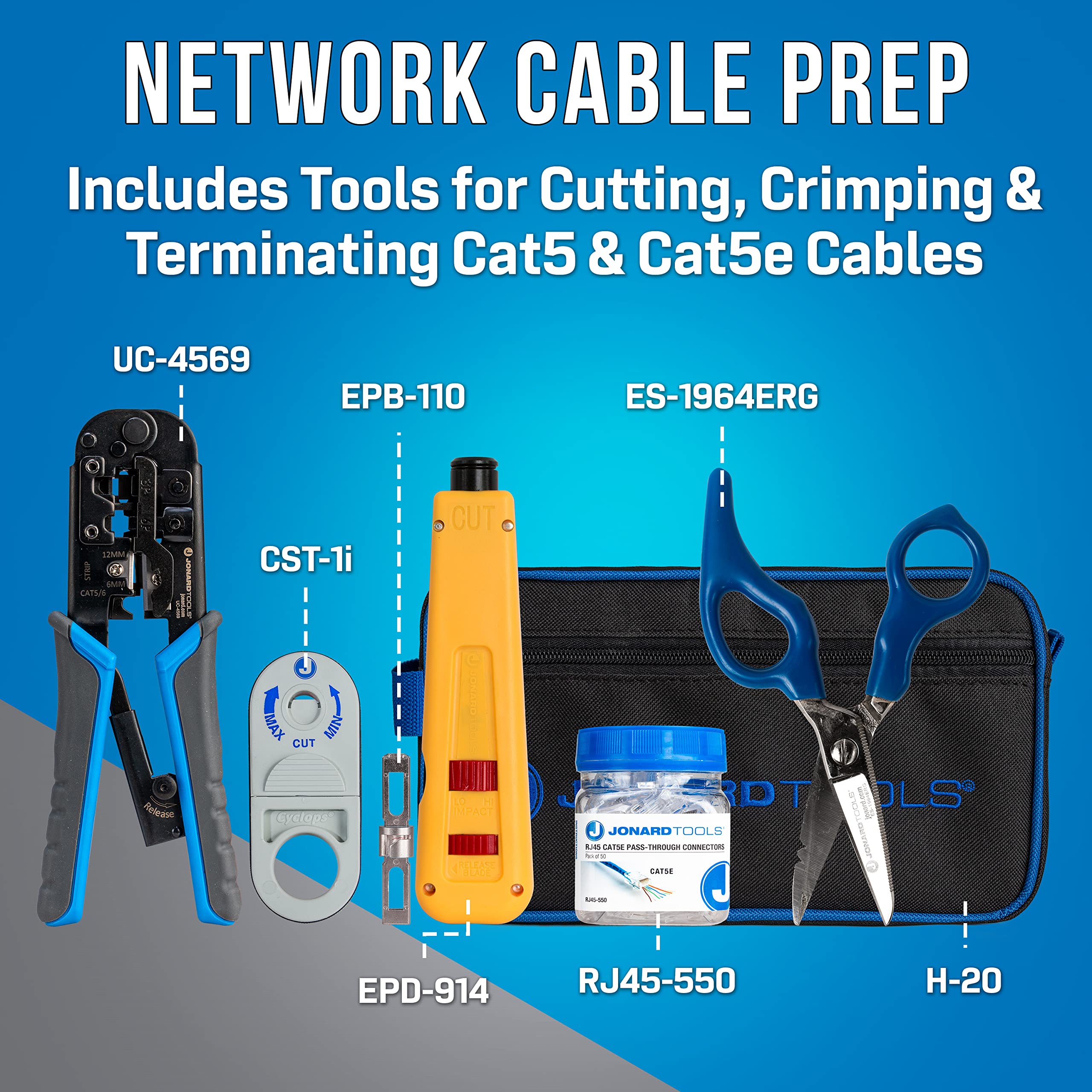 Jonard Tools TK-RJ550 VDV Kit d'outils d'installation avec outil de sertissage réseau, traceur de câble, outil de poinçon, connecteurs RJ45 et ciseaux ergonomiques