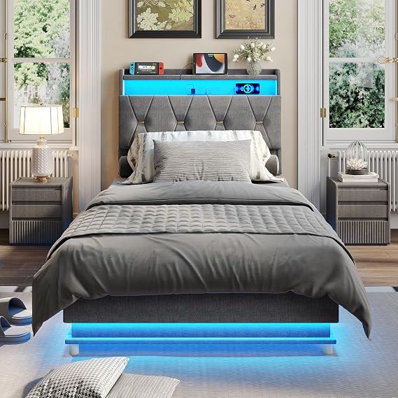 Fameill Twin Size Lift Up Storage Bed Frame, Storage Headboard with Charging Station, LED Lights Upholstered Platform Bed, No Box Spring Needed, Noise-Free, Dark Grey