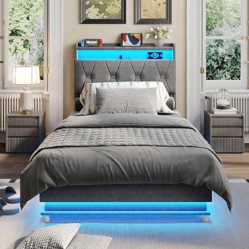 Fameill Twin Size Lift Up Storage Bed Frame, Storage Headboard with Charging Station, LED Lights Upholstered Platform Bed, No Box Spring Needed, Noise-Free, Dark Grey