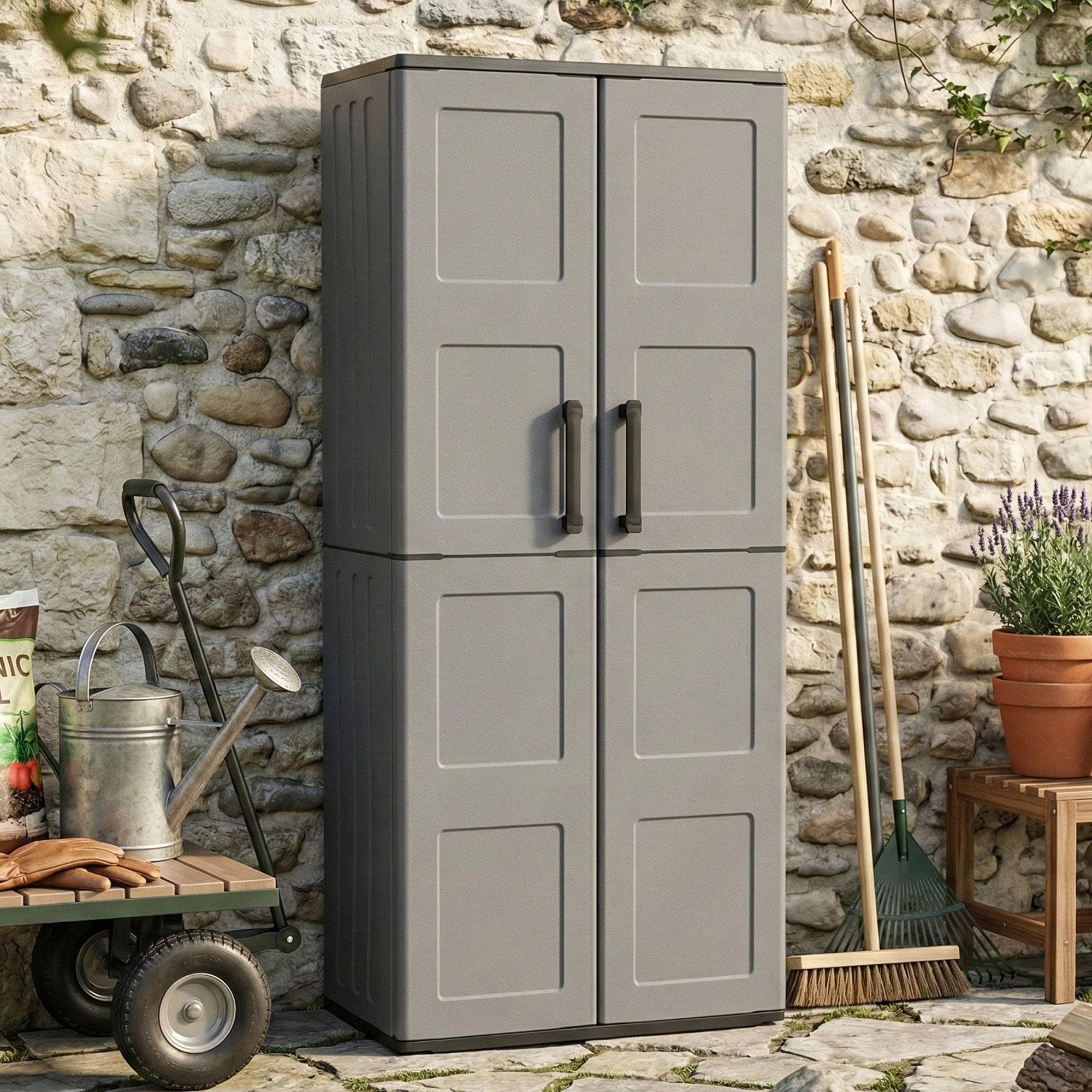 Dmora - Armoire d'extérieur Geel, Armoire porte-balai polyvalente, Armoire d'extérieur 2 portes, 100% Made in Italy, Finition damier, 68x37h163 cm, Gris et Noir