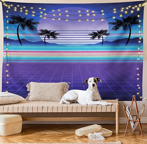 Miniatura 9 de Ambesonne Synthwave - Tapiz con diseño retrowave de rayas coloridas y palmeras galácticas de luna, colgante de pared ancho para dormitorio, sala de