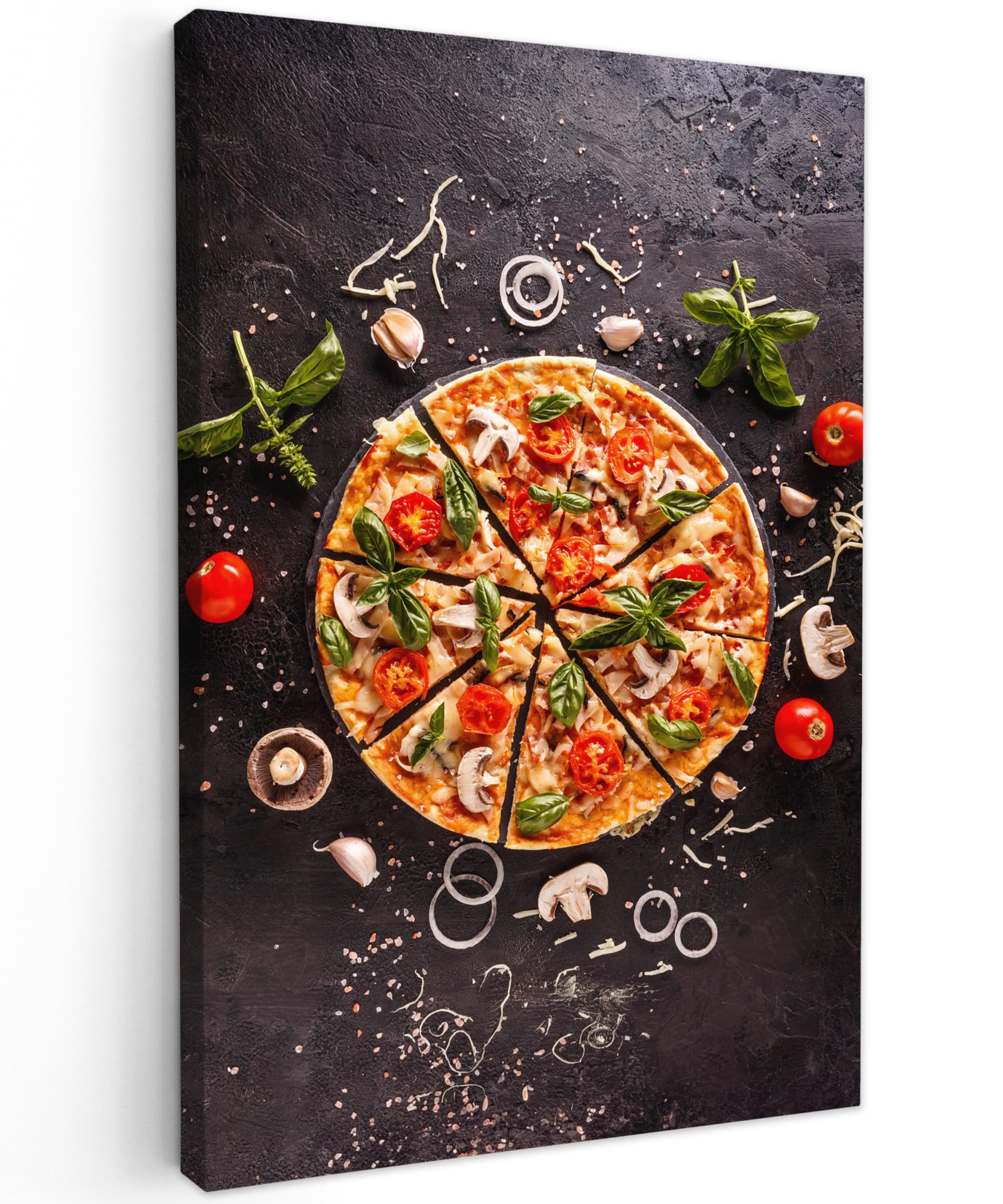 MuchoWow© Leinwandbild 40x60 cm Dekoration Wohnzimmer Bilder Pictures Wall Decoration Living Room Wohnungs Deko Moderne Bild Bild Küche - Pizza - Gemüse - Kräuter - Lebensmittel - Essen