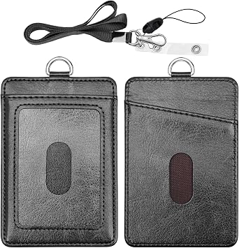 PU Leather ID Badge Holder, Life-Mate ID Badge Holder with 2 Thumb Slide Slots 1 Diagonal Slots Nylon Lanyard for ID Credit Card Business Card in Black 1 Pack