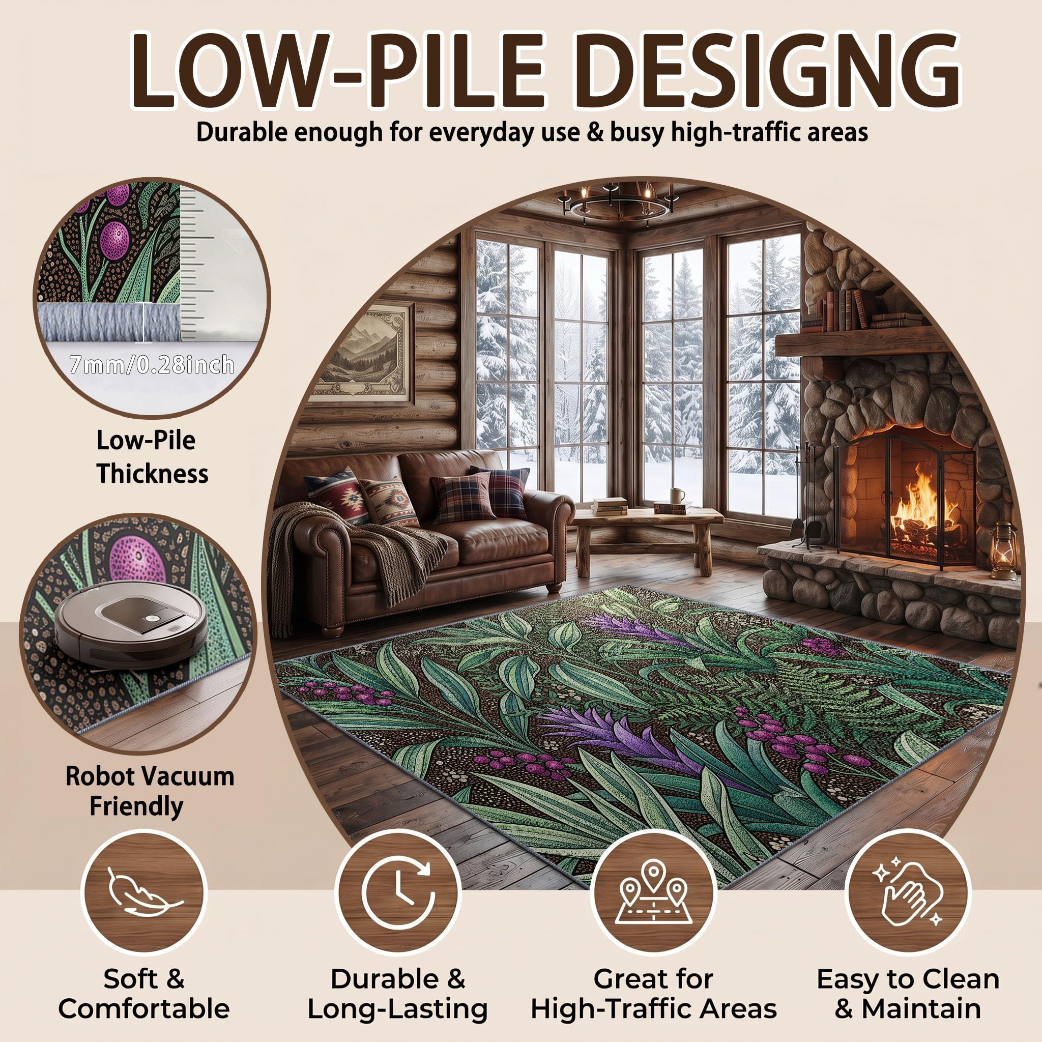 Tapis Poil Ras Salon Illustration Tropicale Doux Moquette Chambre 80 x 150 cm, Lavable Descente De Lit Vert pour Cuisine, Salle à Manger, Bureau Couloir-Tapis Forêt Tropicale Humide Fougères Plantes