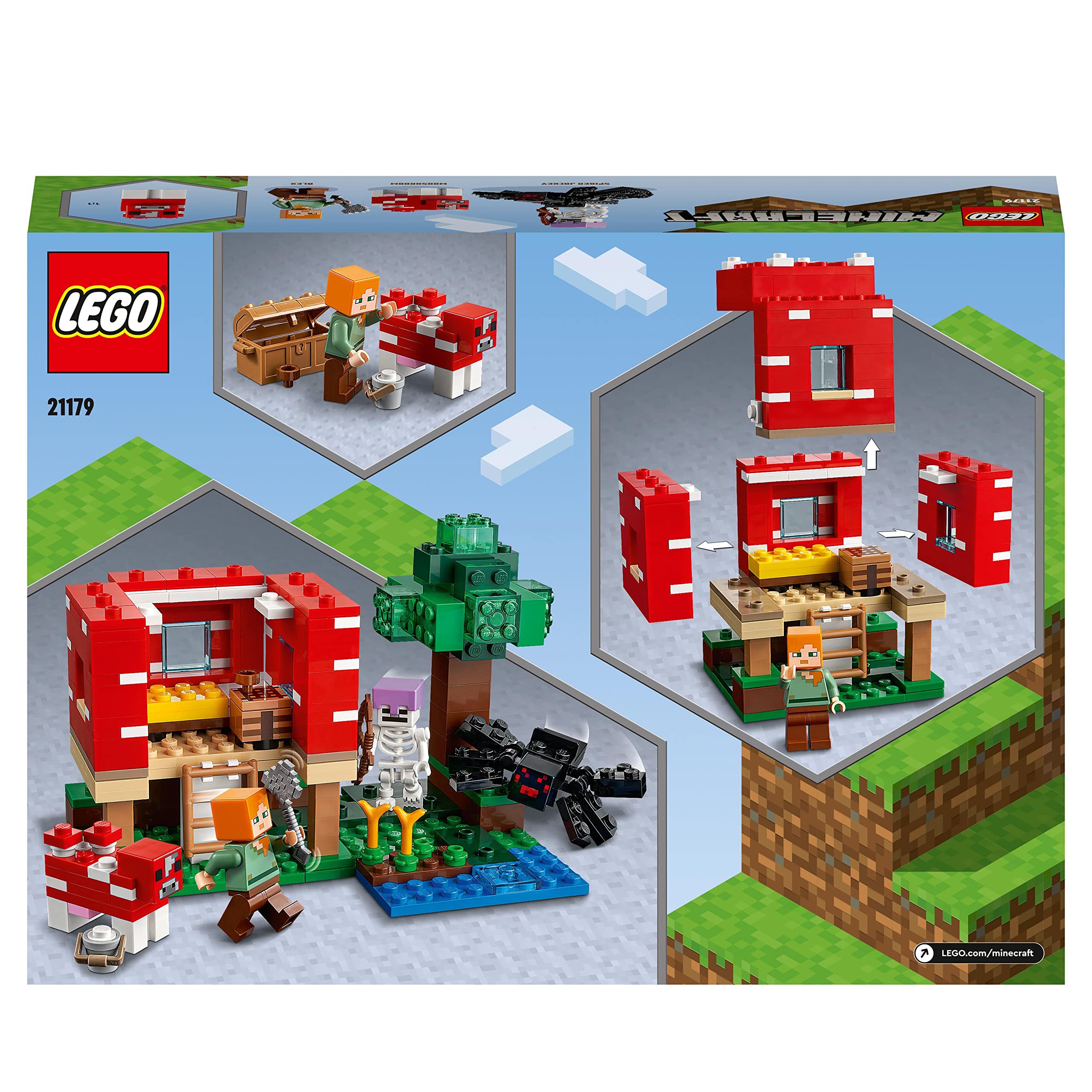 LEGO Minecraft La Casa-Champiñón, Juguete de Construcción, Idea de Regalo para Niños y Niñas de 8 Años o Más con Figuras de Alex, Champiñaca y Jinete Arácnido 21179