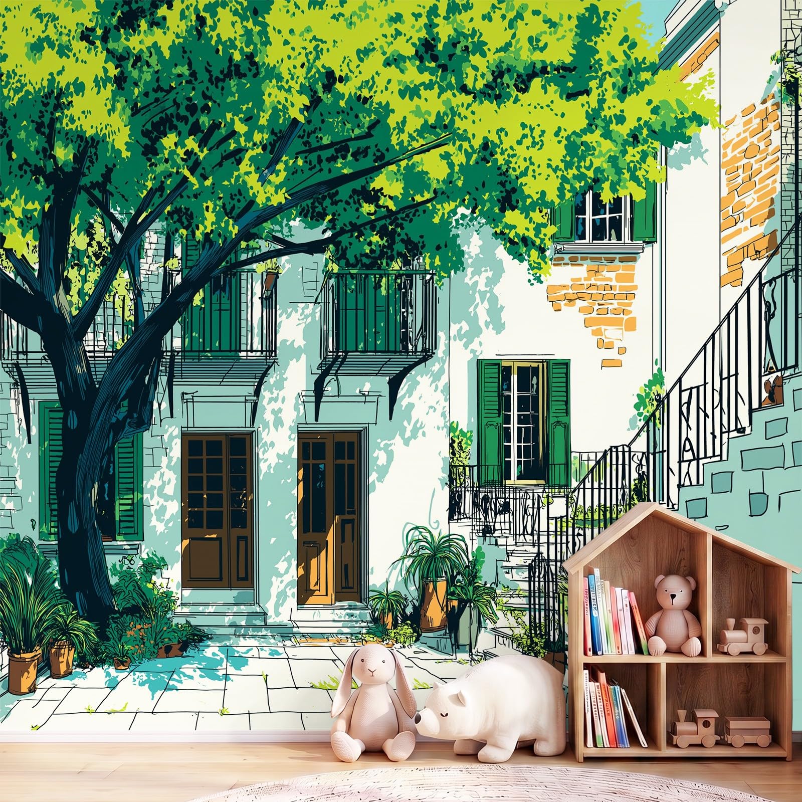 Générique Panoramiczna tapeta w stylu komiksowym nowoczesna architektura 350 x 256 cm (dł. x wys.), tapeta z włókniny, liści, botanika, drzewa, fresk, dekoracja ścienna, salon, sypialnia, biuro