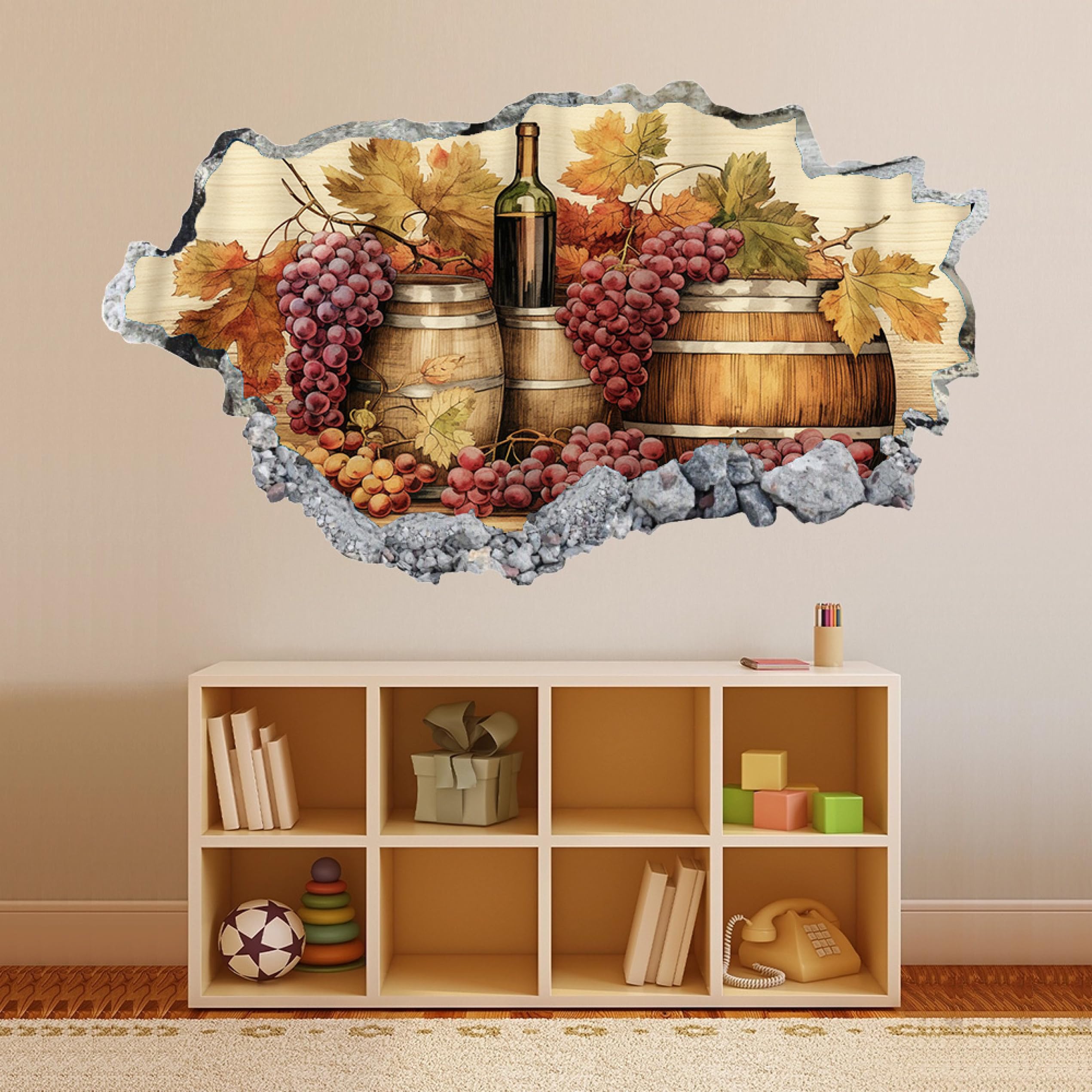 Wandtattoo 3D Wandaufkleber Traubenfass Wandsticker Wanddeko Wandbilder für Wohnzimmer Schlafzimmer Badezimmer Flur Küche Möbel Aufkleber 58x101cm