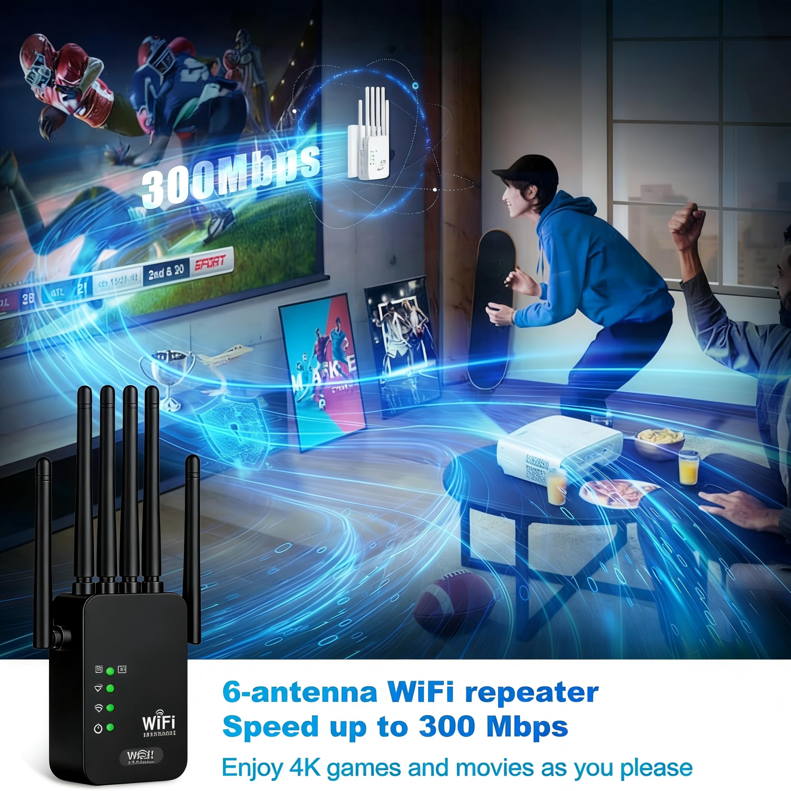 Répéteur WiFi Puissant, 1200M Amplificateur WiFi de dernière Technologie avec6 antennes Couvrant Une superficie de11000m²,2 Ports LAN,répéteur WiFi pour la Maison et Le Bureau(Noir)