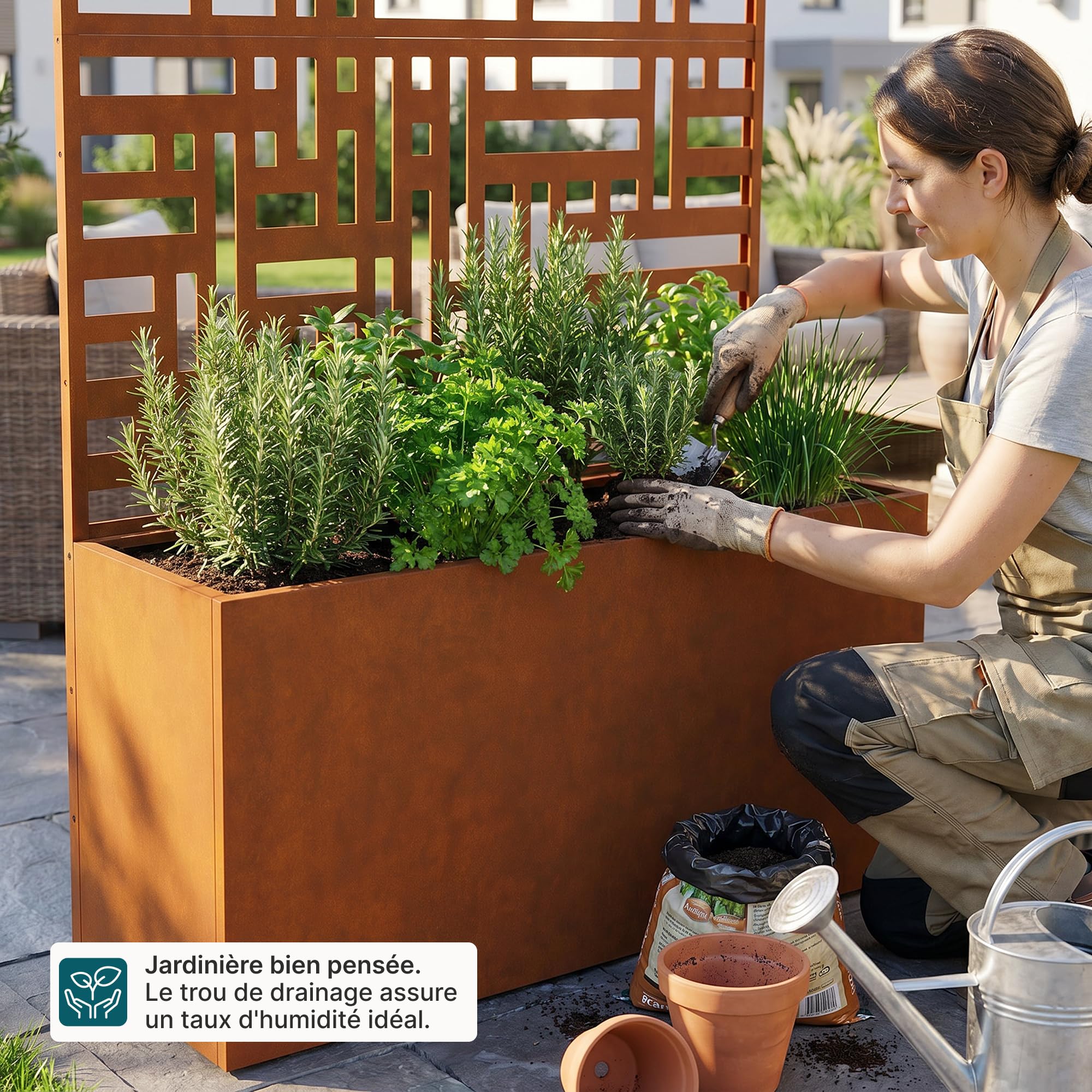 casa.pro Jardinière Brise-Vue Bernalda 146 x 83 x 31 cm Rouille | avec Roulettes Cloison de Séparation Paravent avec Bac à Fleurs Résistant aux UV et Intempéries Élégant Acier Corten
