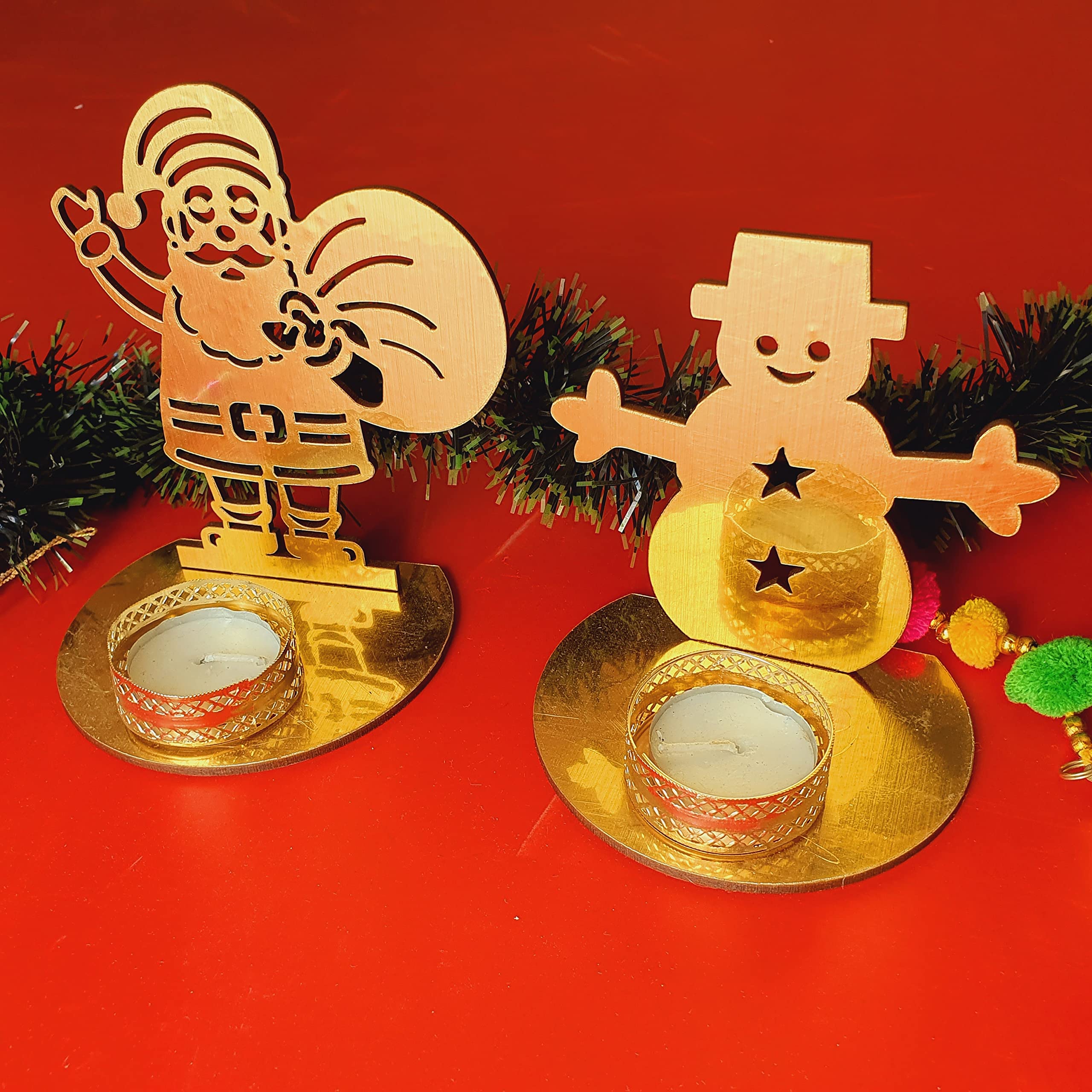 Shadow Wooden Golden Santa & Snowman Combo Tea Light Candle Holder Diya with Wax for Christmas Tree Festival Decoration Prayer at Home Office Church Reusable 3.5 Hour Burning time