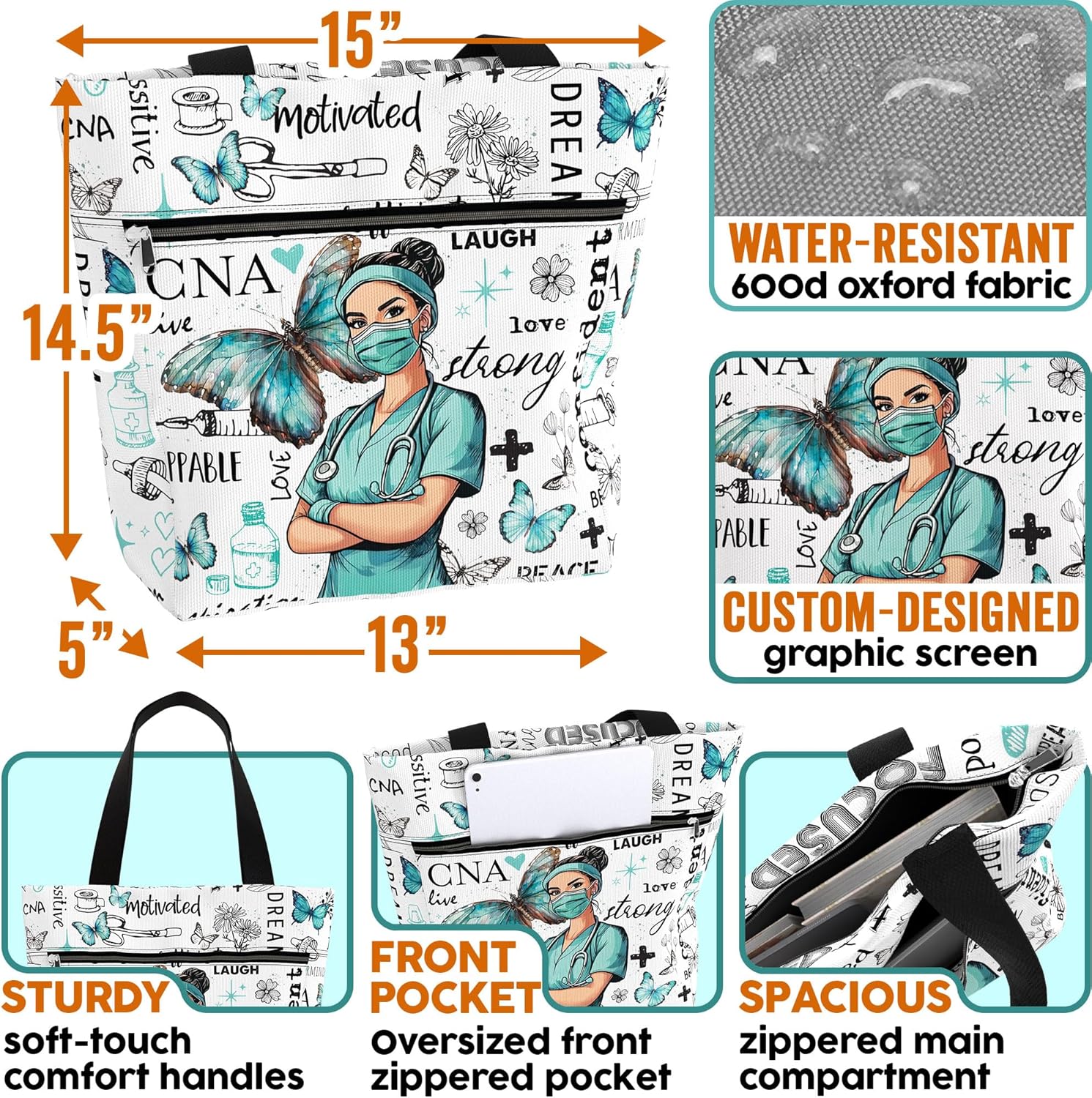 84hoods Large Tote Bag for Work for Women. Waterproof Shoulder Bag with Pockets and Zipper. Gift for CNA Nurse.