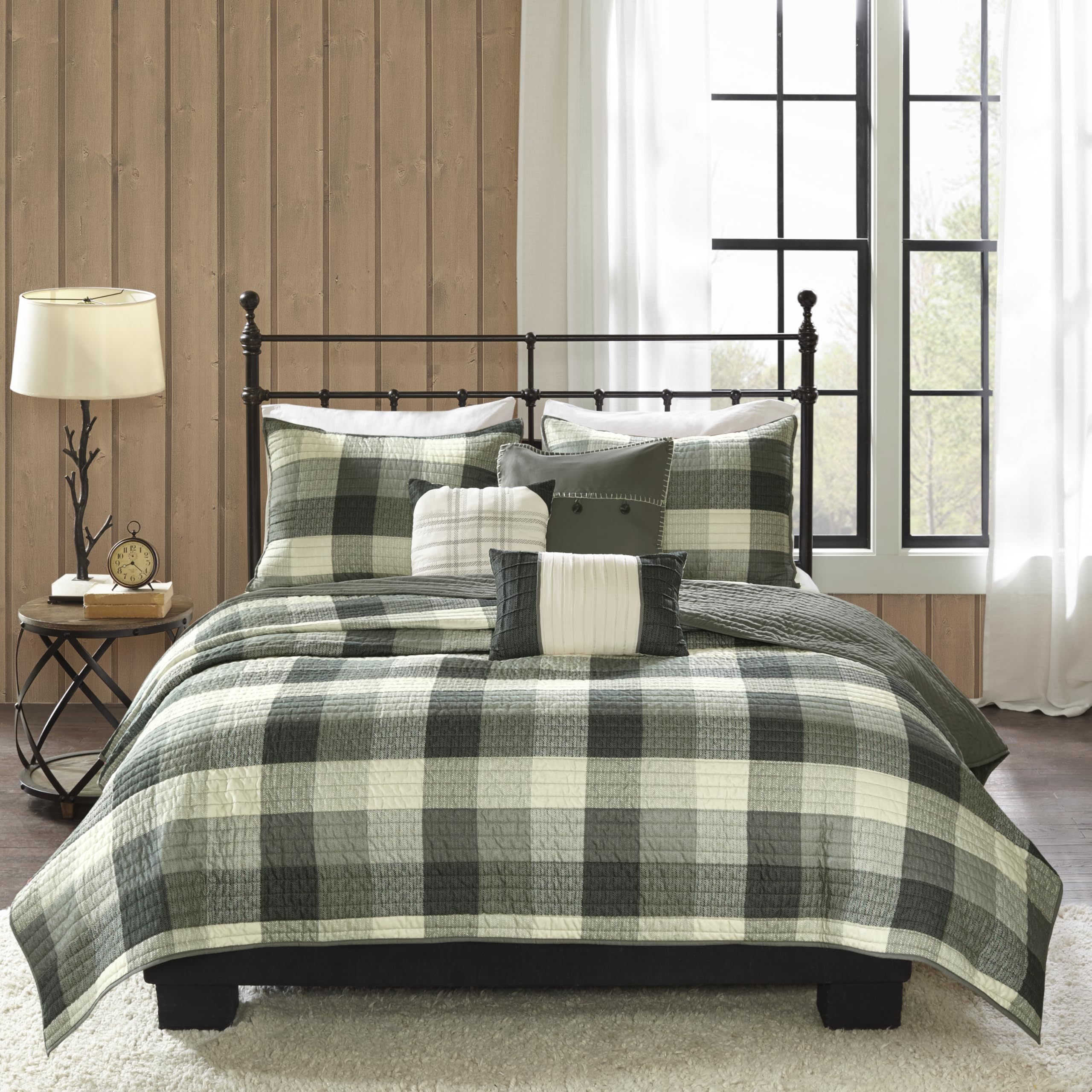 Reversible Quilt Cabin Lifestyle Plaid Design - All Season, Breathable Coverlet Bedspread Bedding Set, Matching Shams, Ridge Grey Full/Queen(90"x90") 6 Piece