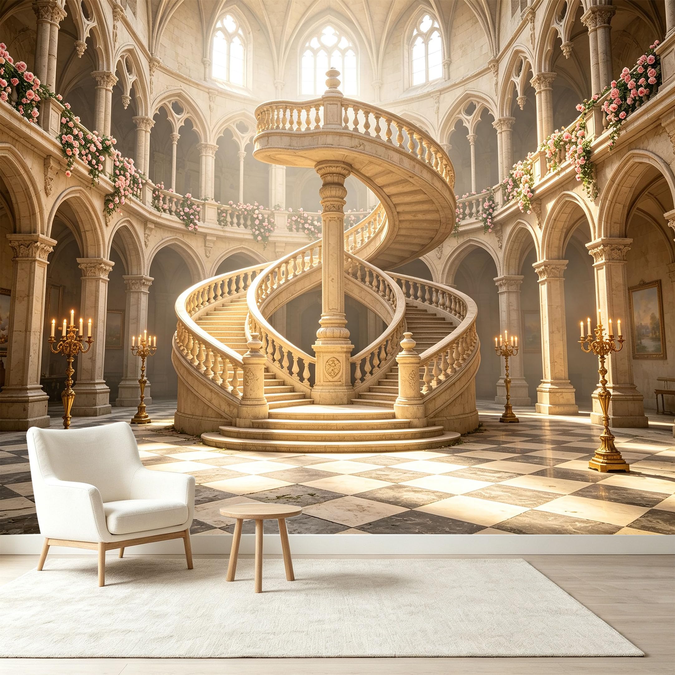 Custom Size Wall Murals Neoclassical Grand Palace Spiral Staircase Floral Archway 3D Trompe L'Oeil Self-Adhesive Wall Fabric Removable Wallpaper Wall Decor for Living Room Bedroom Bathroom