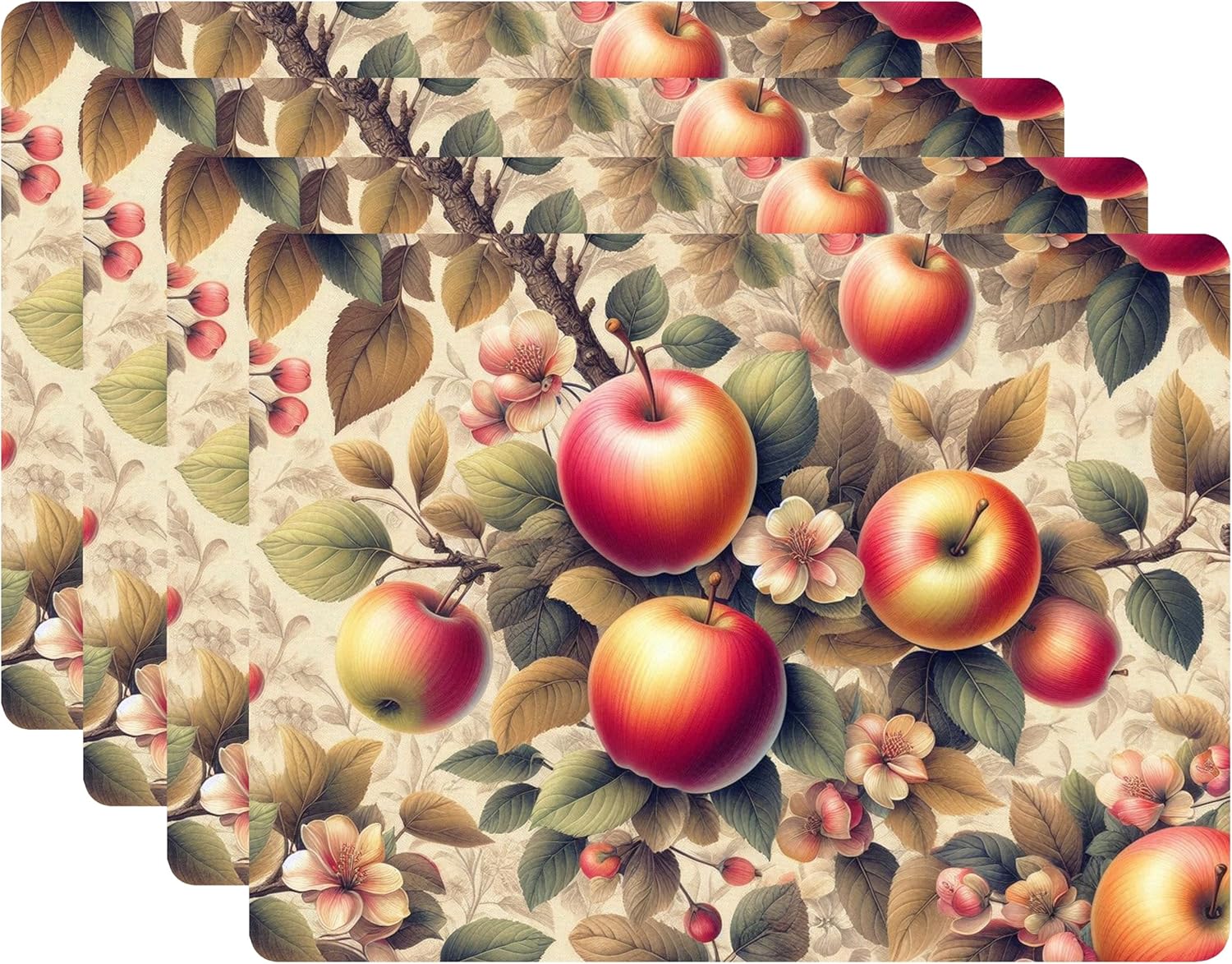 Set of 4 Cork Backed Placemat, Plant Design Kitchen and Dining Table Decoration Hard Placemat 12" x 16" (Olive Branch)