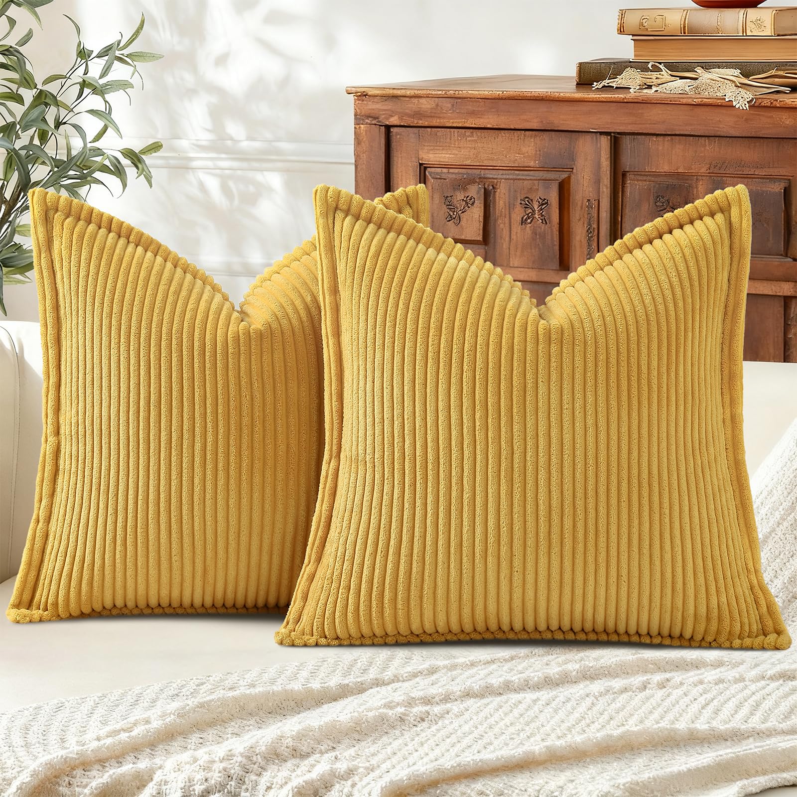 Mecatny Corduroy Throw Pillow Covers 18x18 Set of 2, Neutral Decorative Soft Boho Couch Pillow Covers with Broadside for Sofa Living Room, Mustard