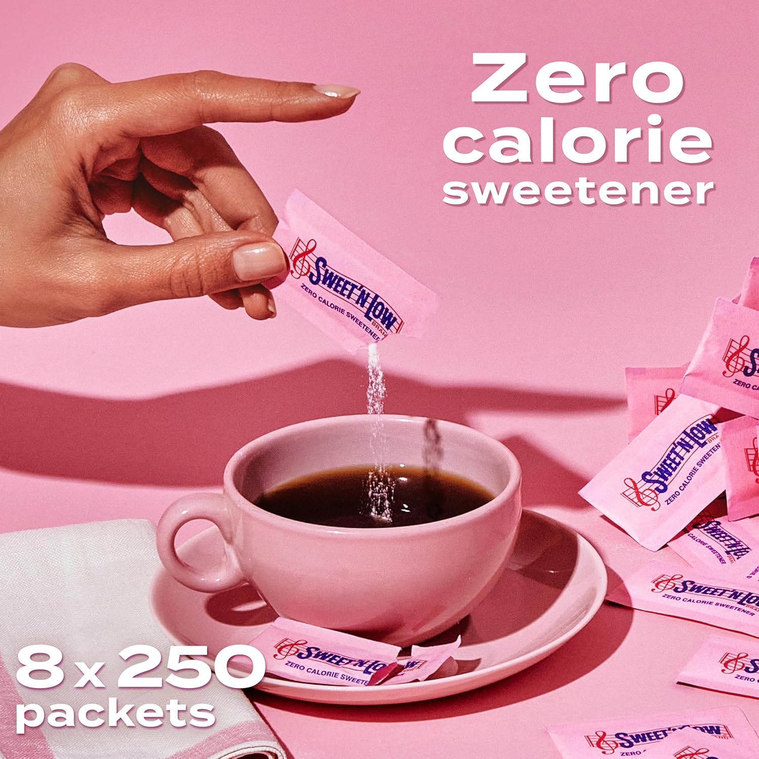 Sweet'N Low Zero Calorie Sweetener Packets, 250 Ct Box, 8 Pack, Kosher & Gluten Free, Low Glycemic Index, Individual Tea and Coffee Sweetener Packets