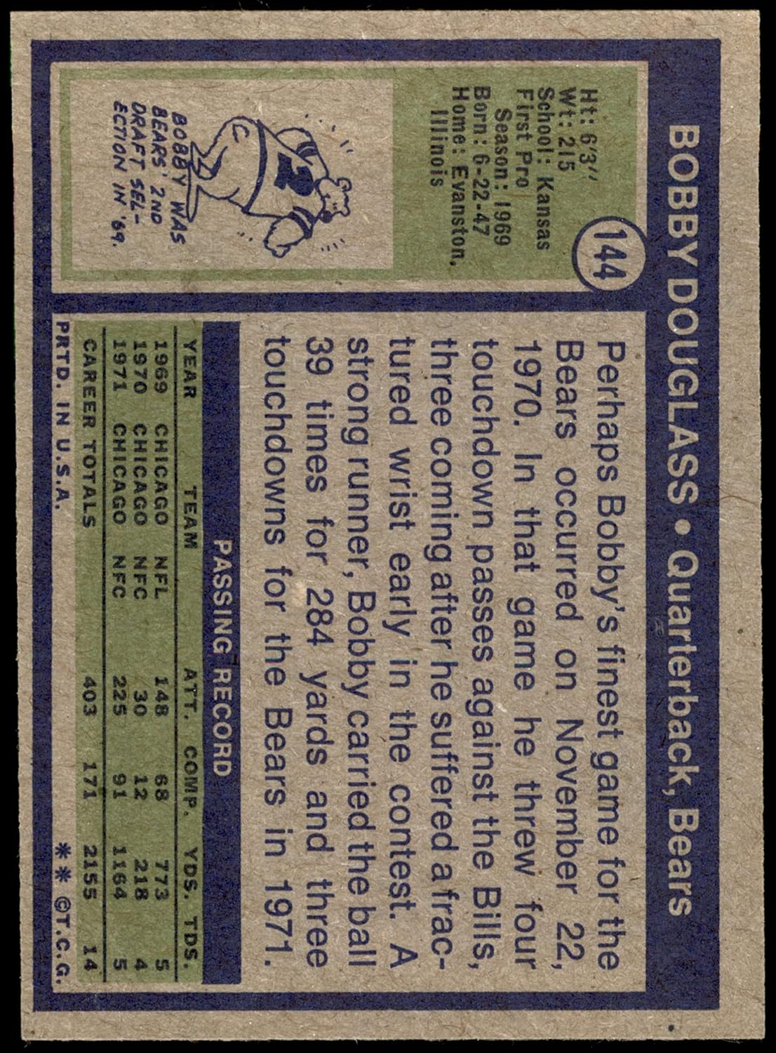 1972 Topps #144 Bobby Douglass Chicago Bears (Football Card) NM Bears Kansas